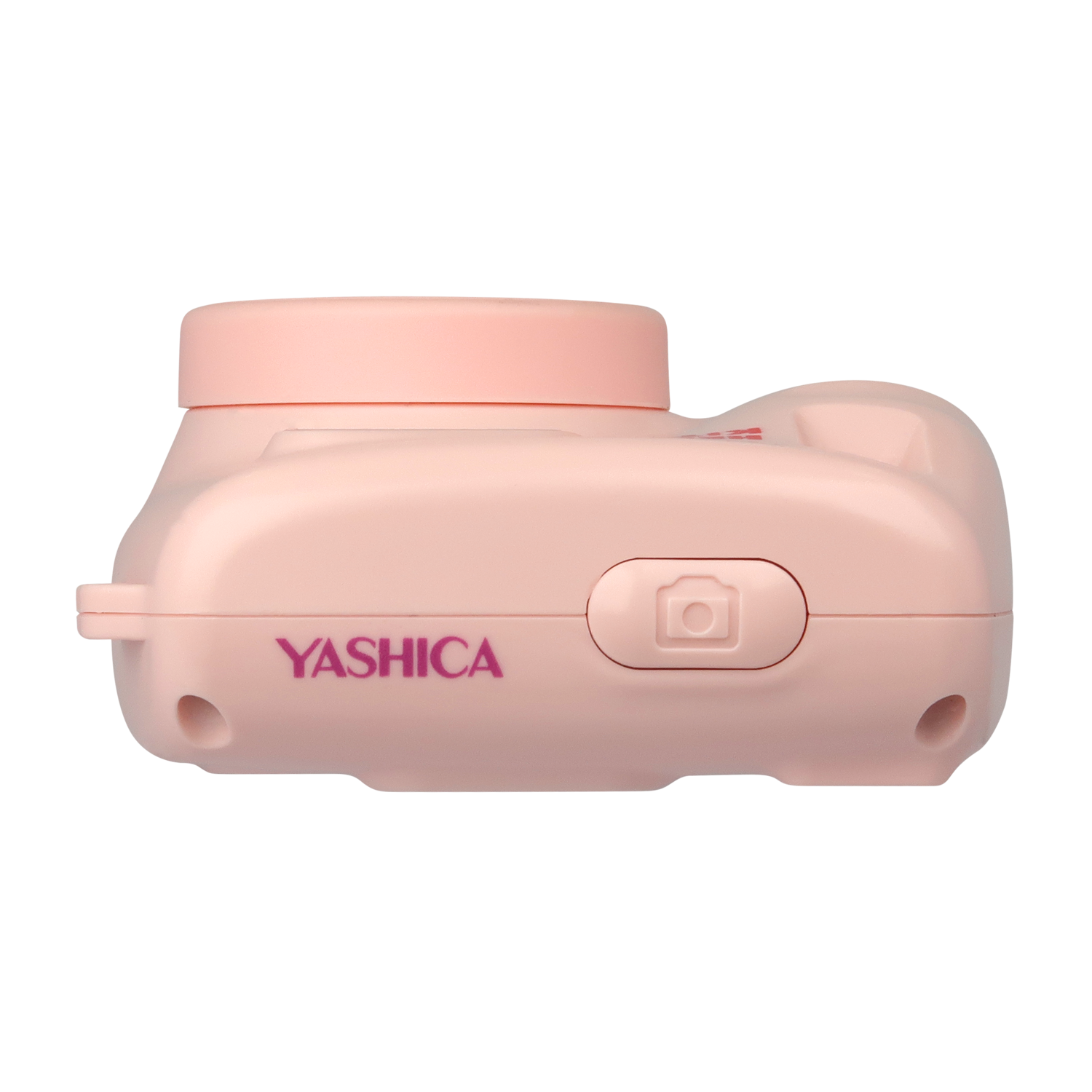 A light pink Yashica camera. The word "YASHICA" is printed in purple. A camera button is visible.