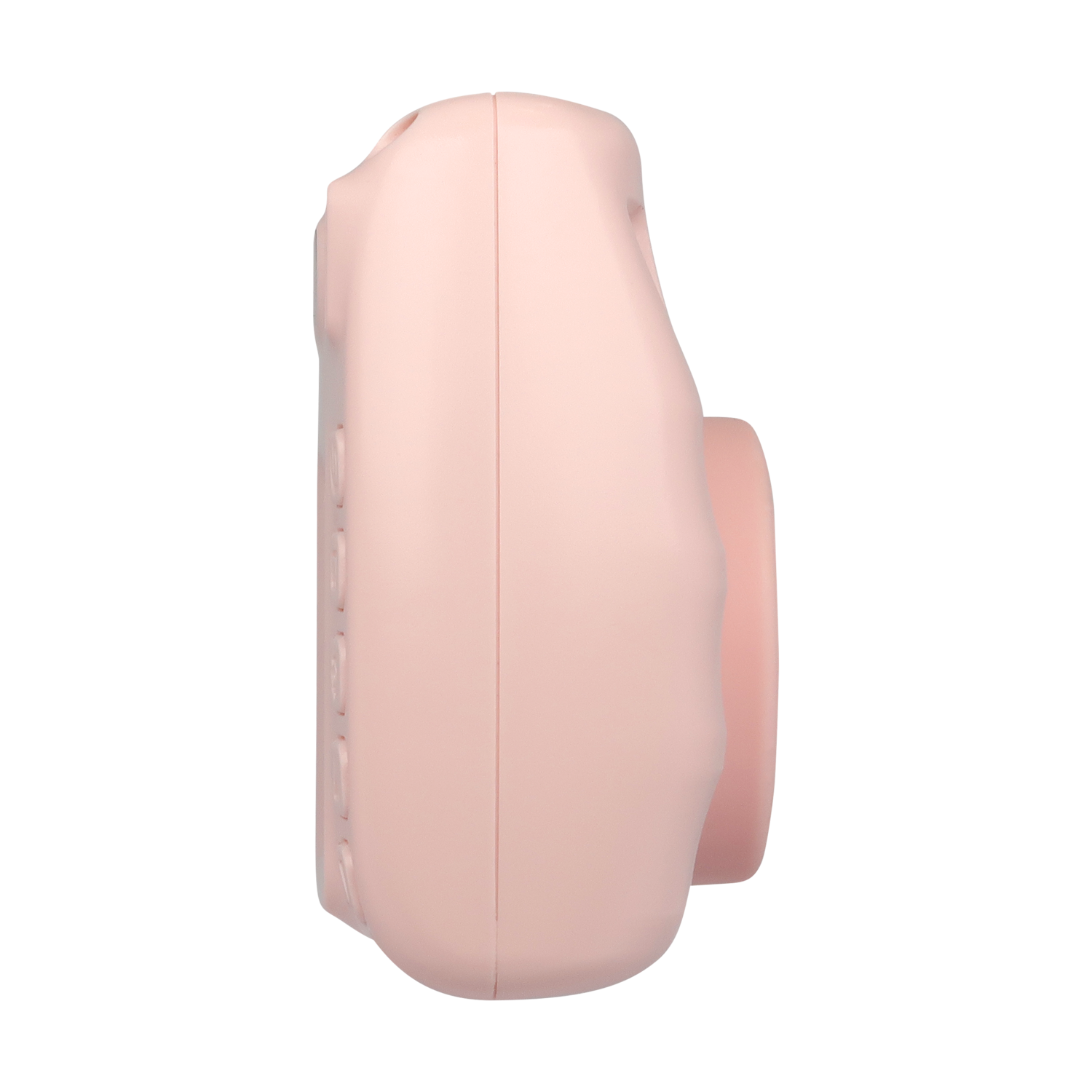 A side view of a pink camera against a black background. The camera has rounded edges and a lens on the side.
