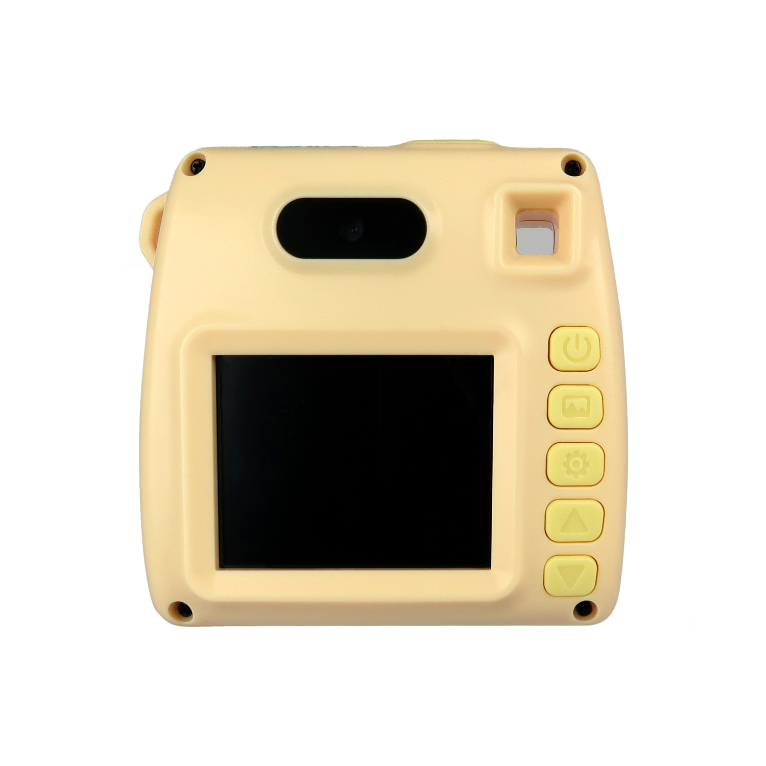 Een gele digitale camera met een zwart scherm en knoppen. De achtergrond is effen zwart.