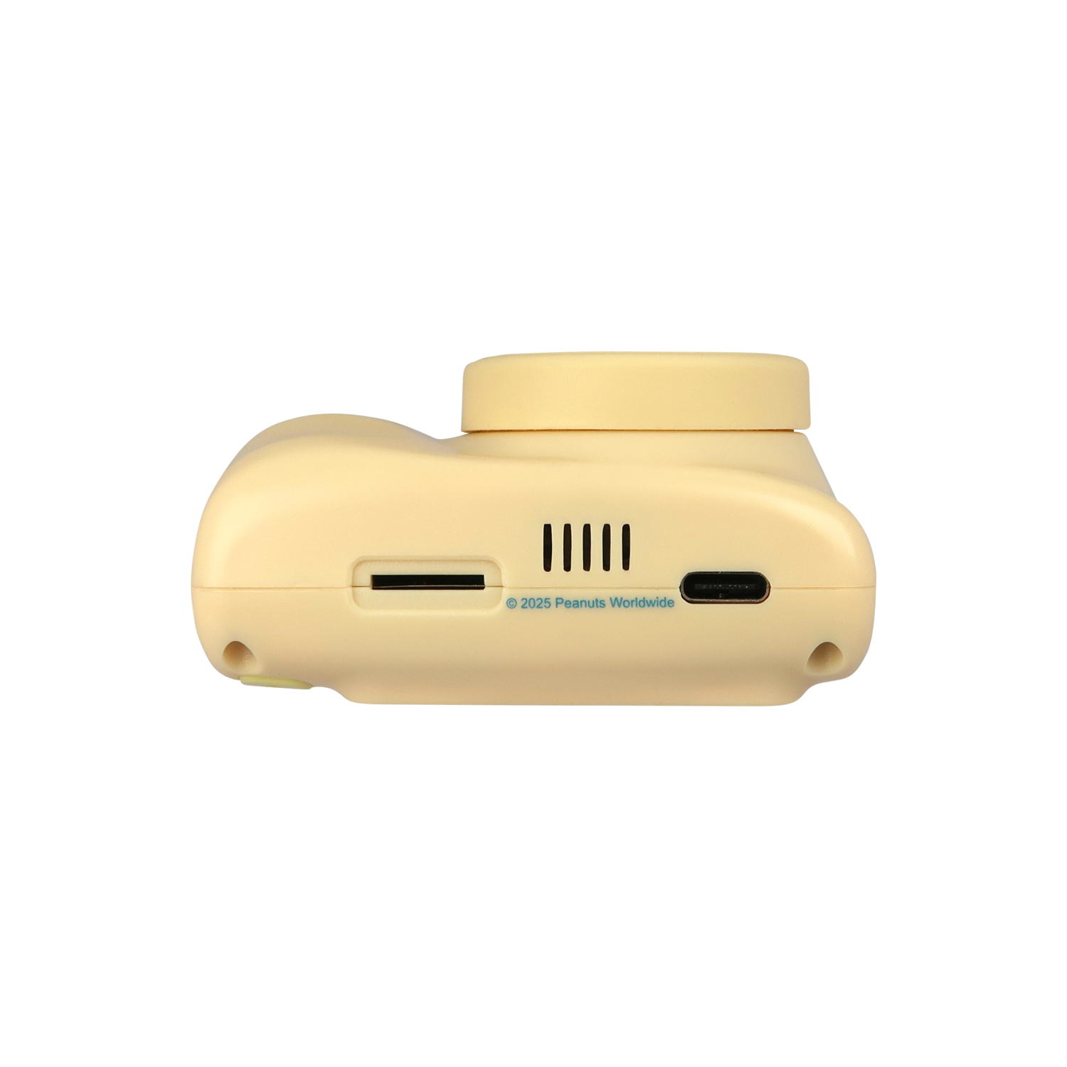 Een lichtgele camera tegen een zwarte achtergrond. De camera heeft een lens, sleuf en poort aan de zijkant.