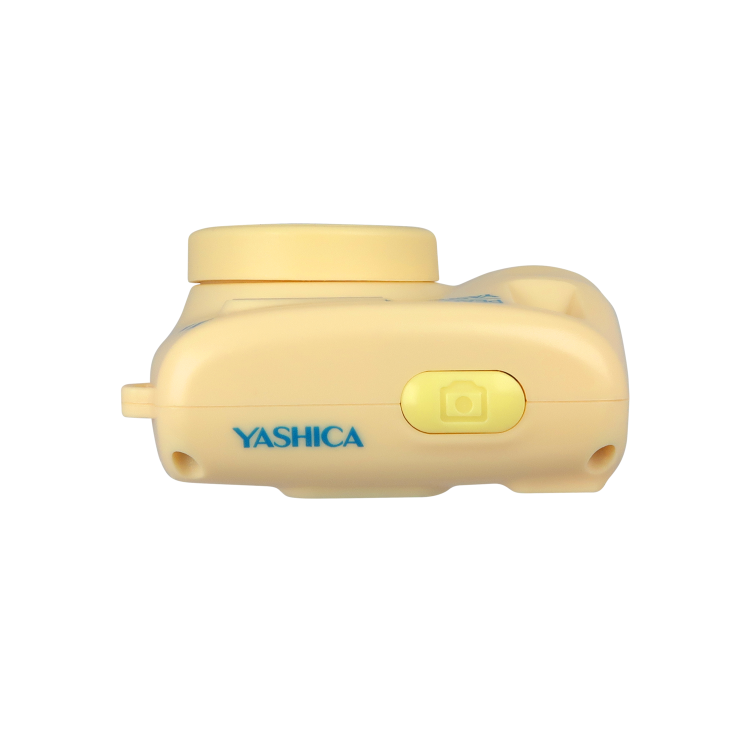 Een lichtgele Yashica camera op een zwarte achtergrond. De camera heeft een gele knop met een camera-icoon.