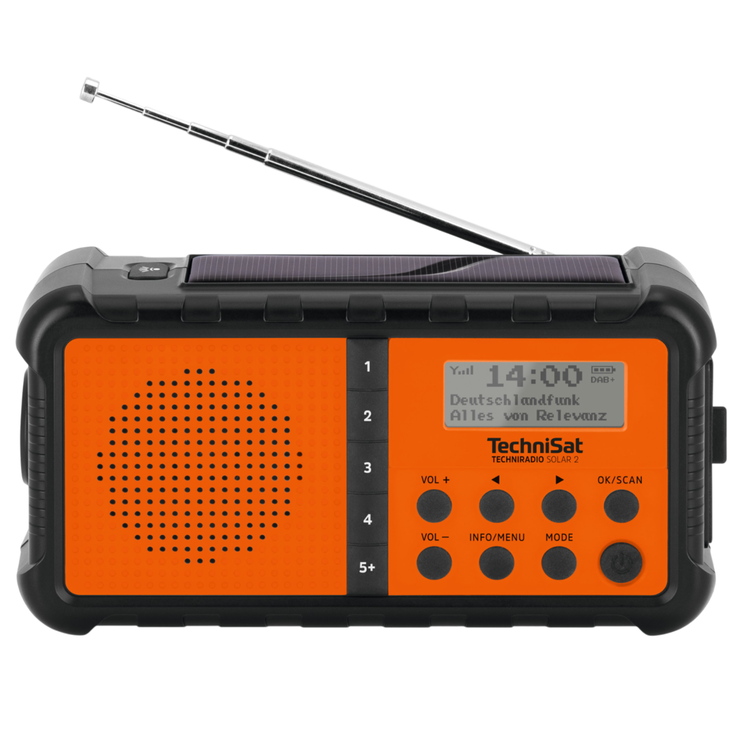 Een oranje en zwarte TechniSat zonne-radio. Het heeft een scherm met de tijd en het radiostation. Een antenne is uitgeschoven.