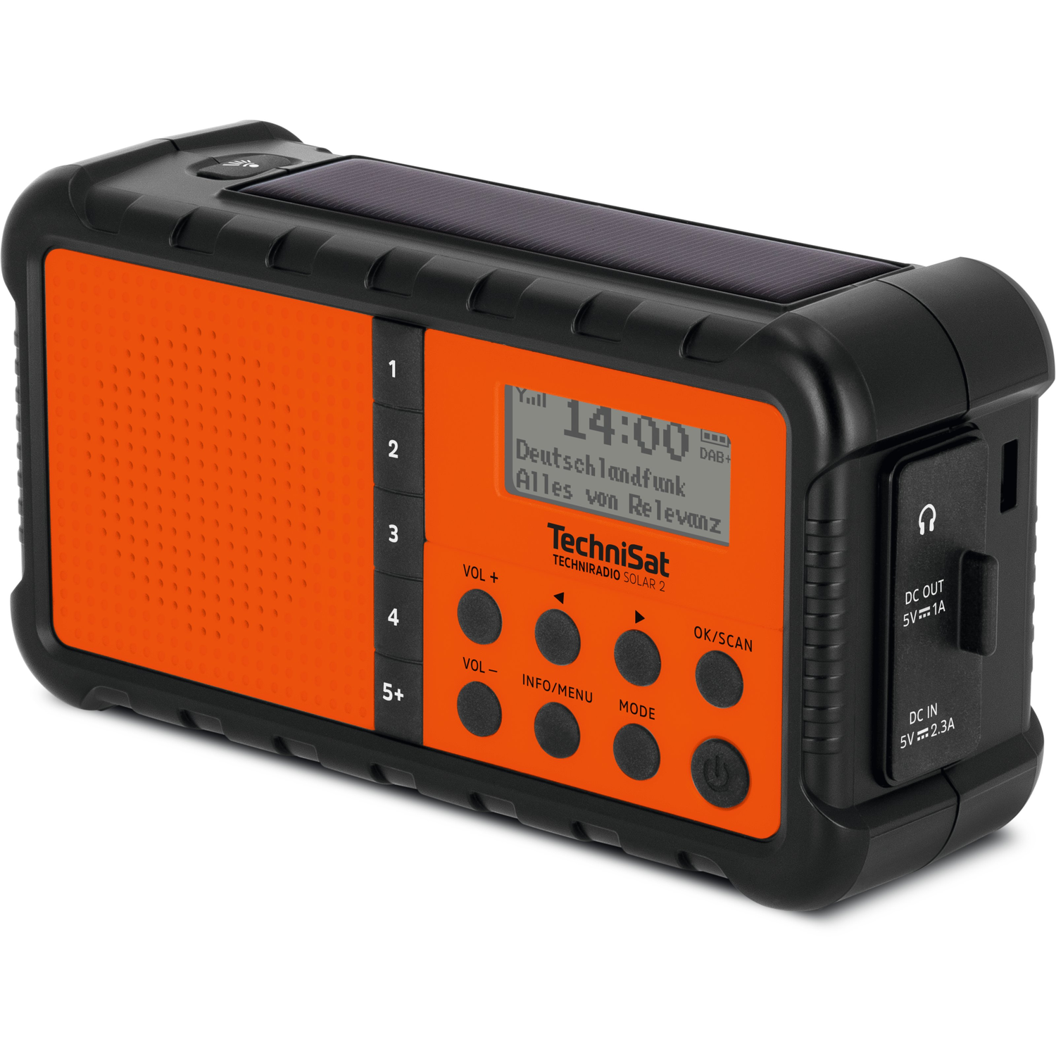 Een oranje en zwarte TechniSat radio met zonnepaneel. Het scherm toont de tijd en het radiostation.