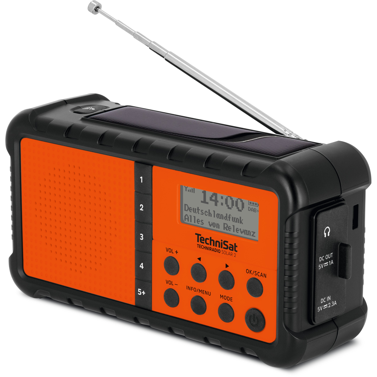 Oranje-zwarte draagbare radio met zonnepaneel, antenne en scherm. Knoppen en poorten zijn zichtbaar.