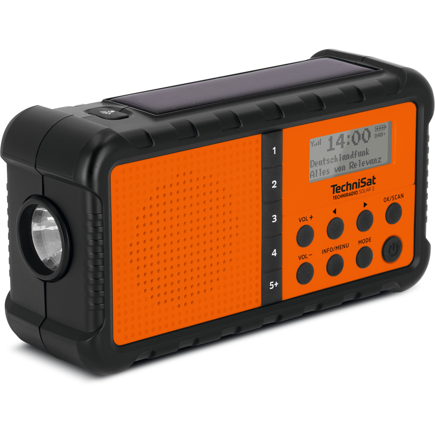 Zwarte en oranje solar radio met een lamp. Het heeft een scherm en knoppen, en een zonnepaneel bovenop. Het merk is TechniSat.