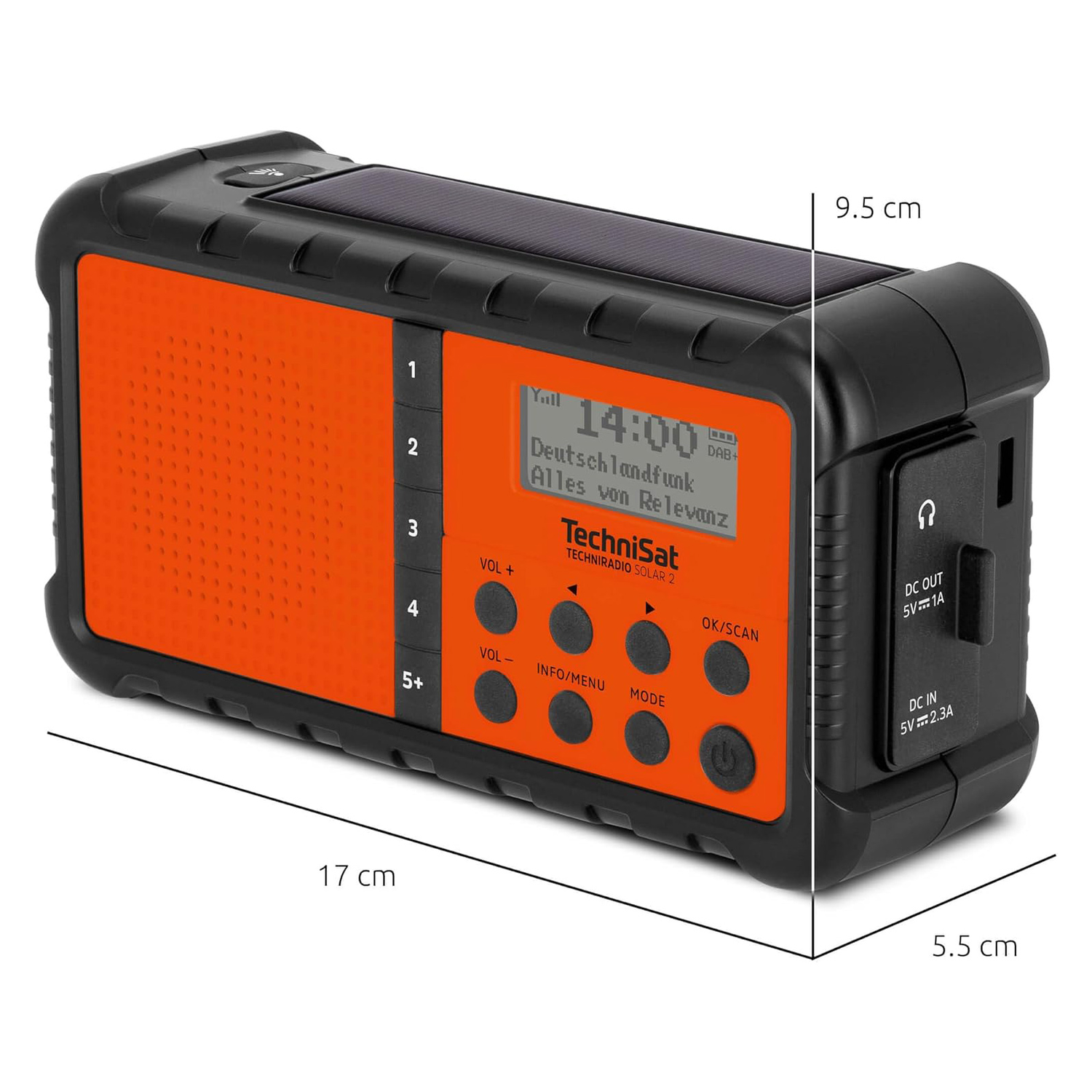Zwarte en oranje radio met zonnepaneel. Het heeft een display met tijd en radiozender. Knoppen en poorten zijn zichtbaar.