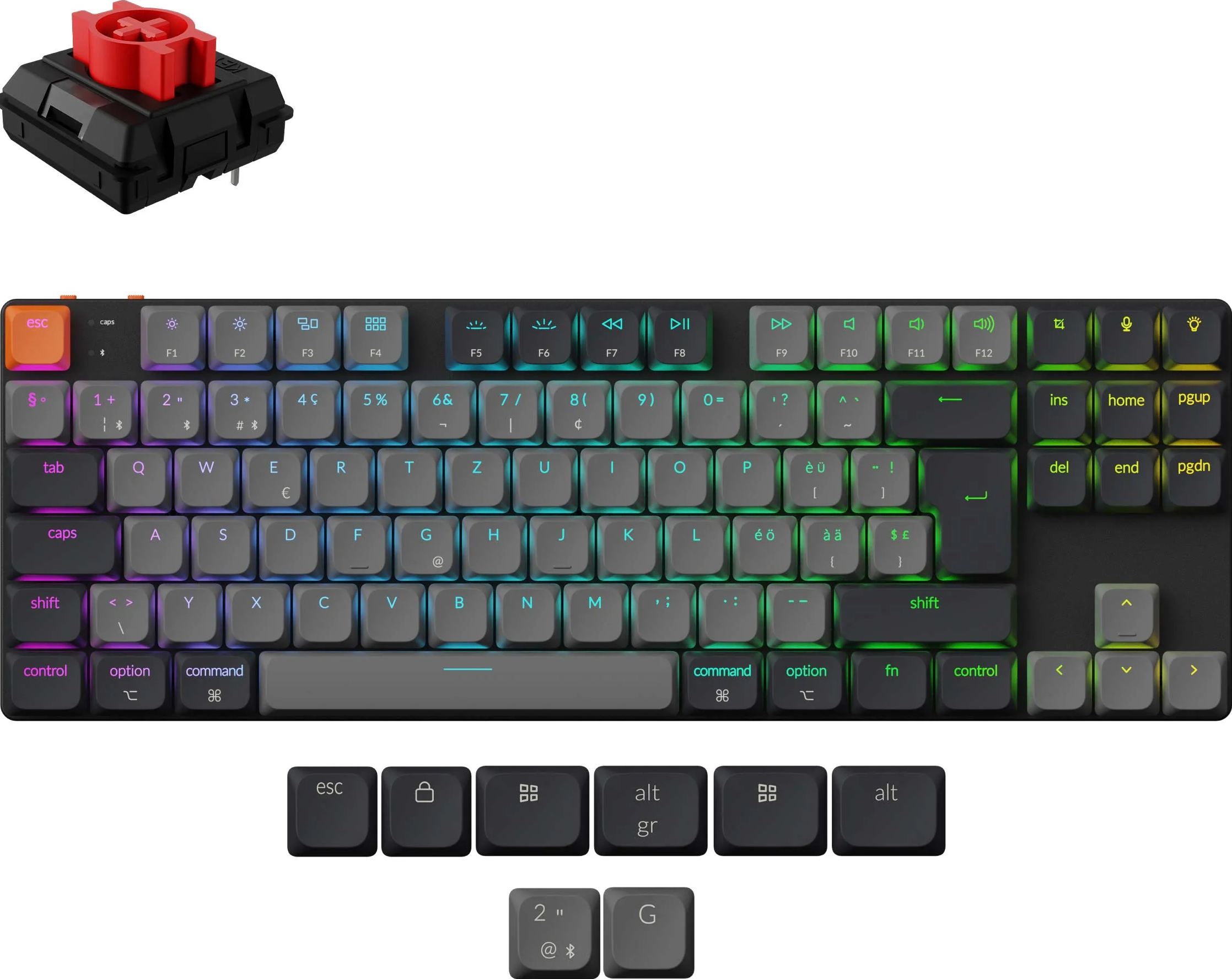 Eine mechanische Tastatur mit rotem Schalter und grauen Tasten ist zu sehen. Die Tastatur hat verschiedene Funktionstasten und Tasten.