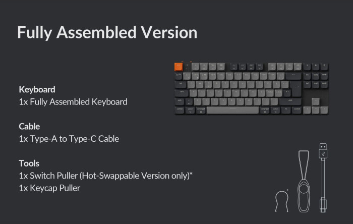 Das Bild zeigt eine vollständig montierte Tastatur, ein Typ-A-zu-Typ-C-Kabel, einen Schalterabzieher und einen Tastenkappenabzieher.