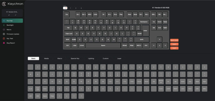 Keychron K1 Tastaturlayout-Oberfläche mit oberen und unteren Tastaturabschnitten. Optionen wie Basic, Media und Layer sind wählbar.