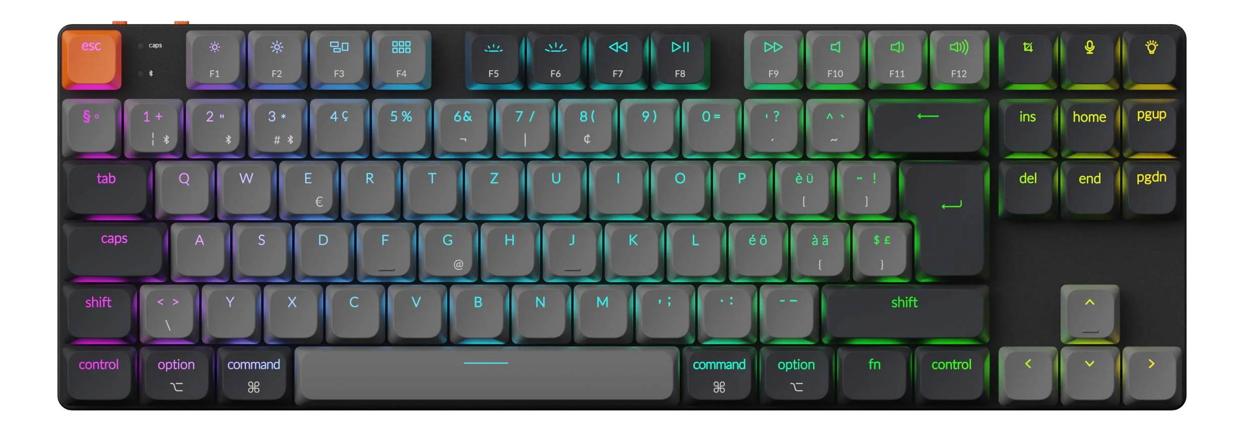 Eine mechanische Tastatur mit grauen Tasten. Die Tasten sind mit verschiedenen Farben hinterleuchtet. Die Escape-Taste ist orange.