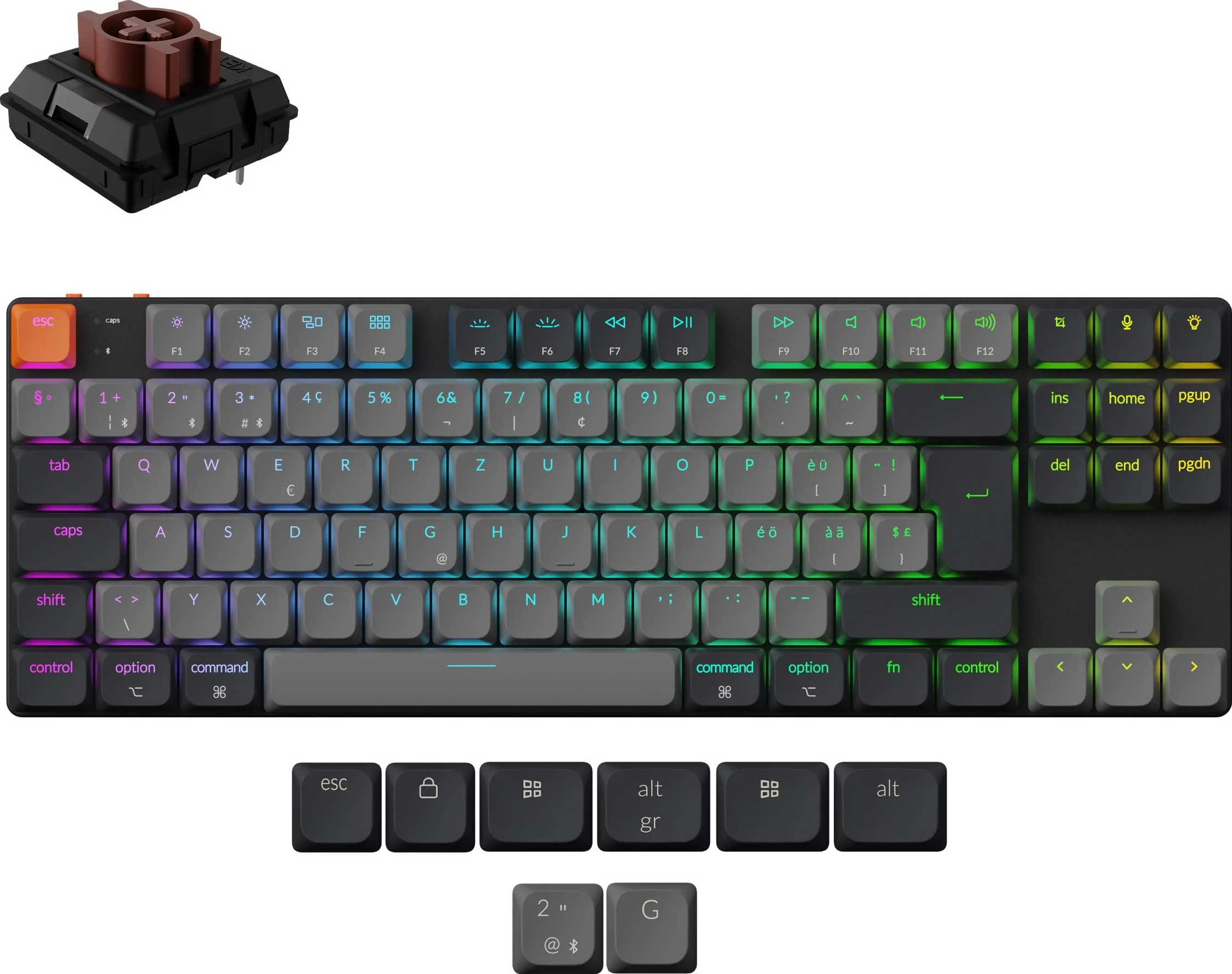 Eine mechanische Tastatur mit grauen Tasten und farbenfroher Beleuchtung. Ein einzelner Schalter ist oben abgebildet. Die 'esc'-Taste ist orange.