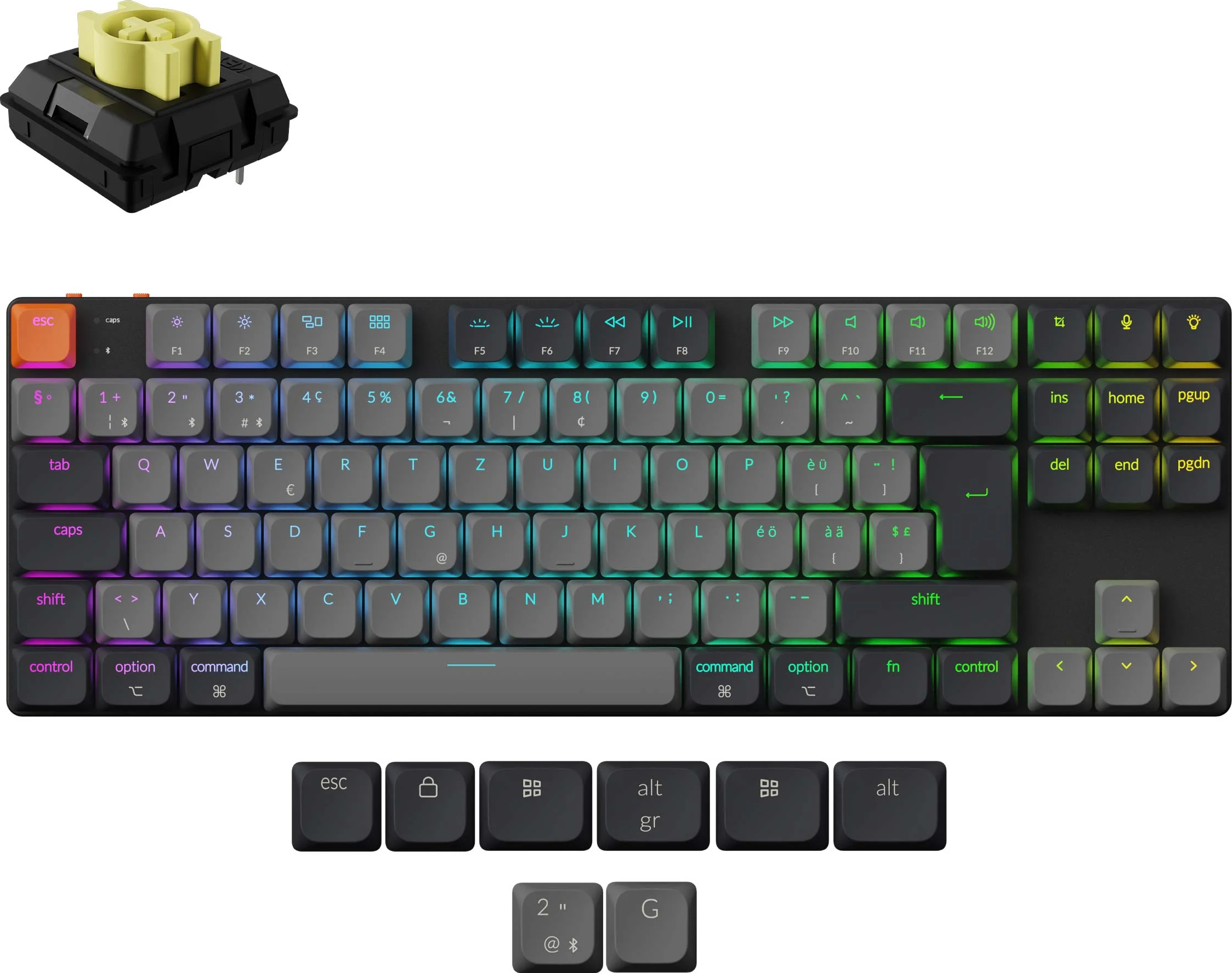 Eine mechanische Tastatur mit schwarzen Tasten, bunten Lichtern und einem gelben Schalter. Zusätzliche Tasten unten.