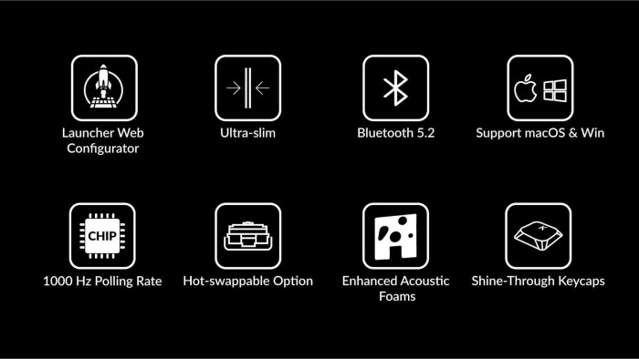Neun weiße Symbole auf schwarzem Hintergrund. Zu den Merkmalen gehören Launcher, ultraflaches Design, Bluetooth, macOS-Unterstützung, Abfragerate und Hot-Swap-Optionen.