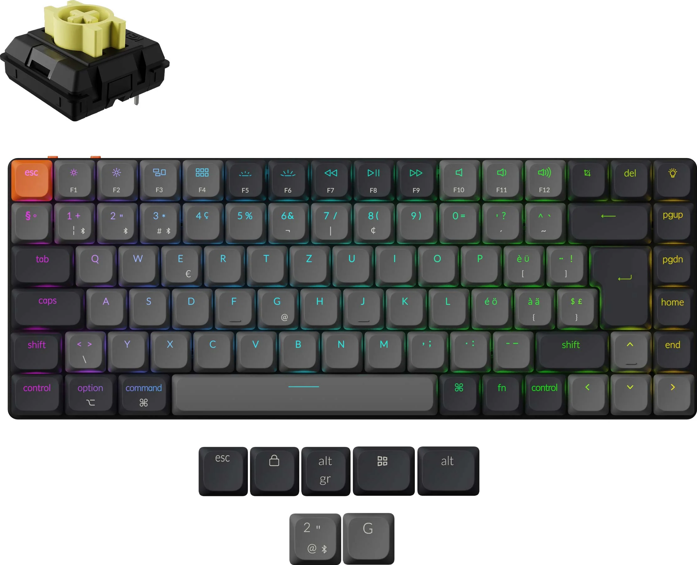 Eine mechanische Tastatur mit grauen Tasten, einem gelben Schalter und zusätzlichen Tasten darunter. Die Tasten haben verschiedene Symbole und Buchstaben.
