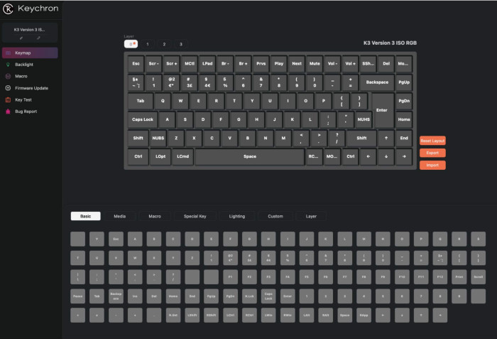 Keychron-Tastaturoberfläche. Zeigt das Tastenlayout und Anpassungsoptionen. Enthält Basis-, Medien-, Makro- und Beleuchtungseinstellungen.