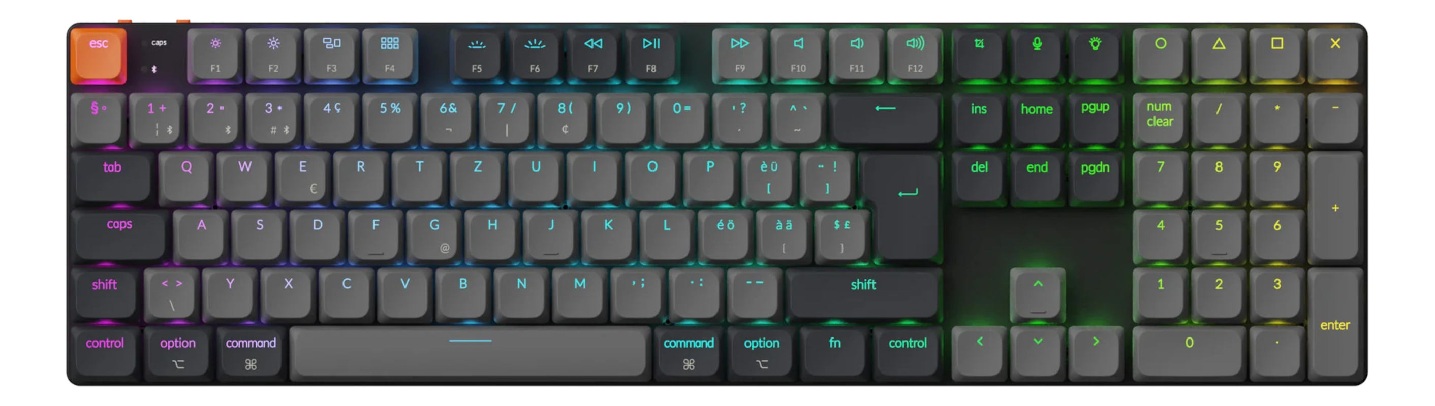 Eine mechanische Tastatur mit grauen Tasten und mehrfarbiger LED-Hintergrundbeleuchtung. Die Esc-Taste ist orange.