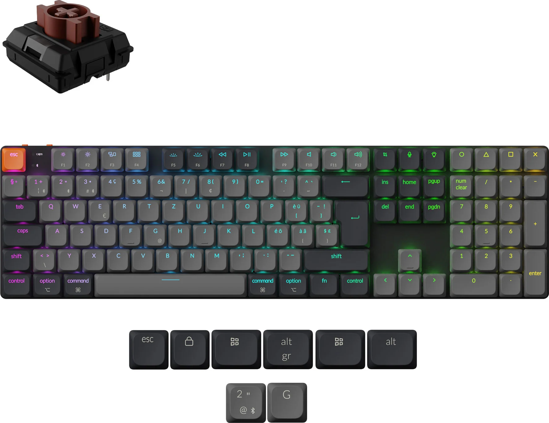 Eine schwarze mechanische Tastatur mit grauen Tasten, einem braunen Schalter und ein paar zusätzlichen Tastenkappen.