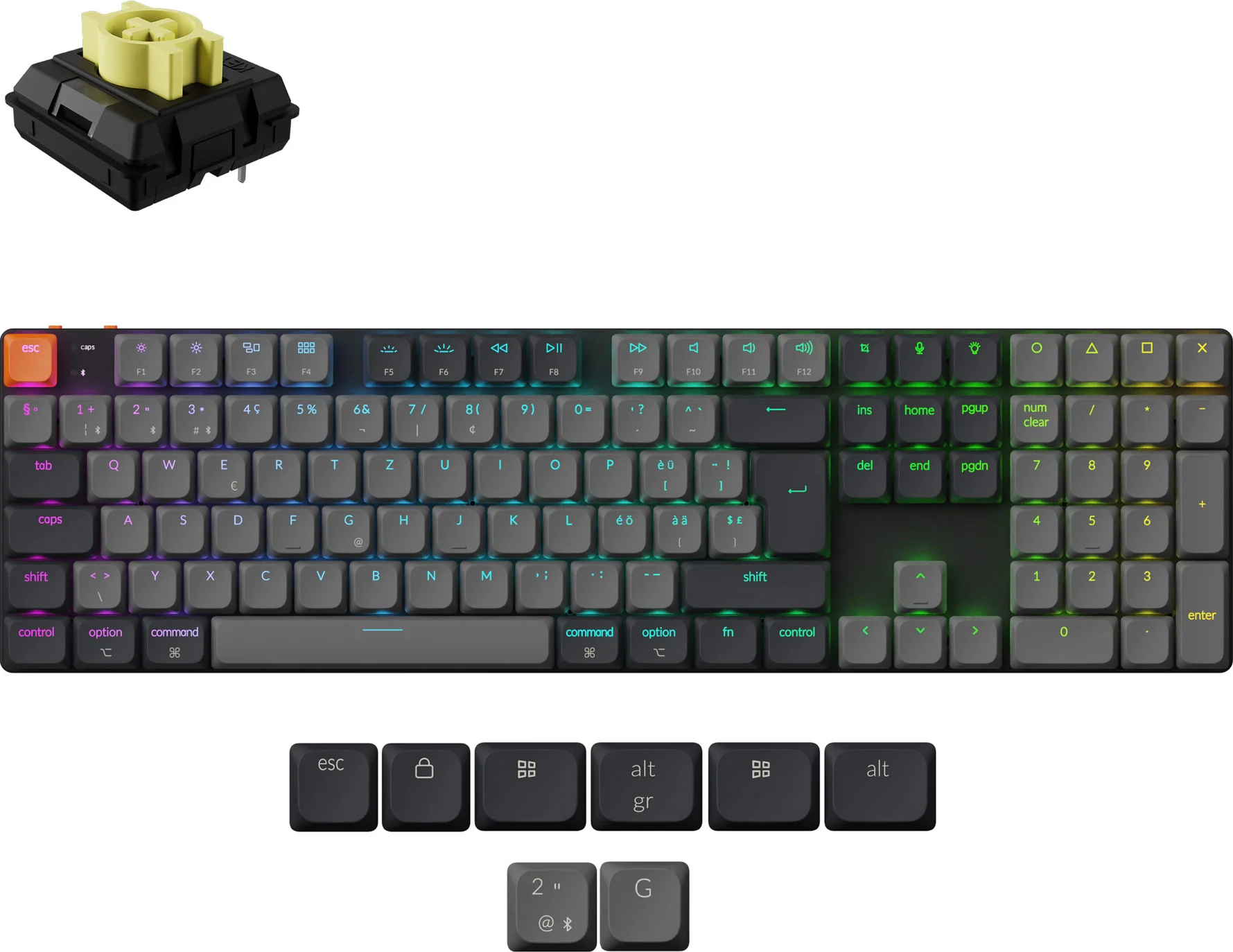 Eine mechanische Tastatur mit schwarzen Tasten und einem gelb-schwarzen Schalter in der oberen linken Ecke.