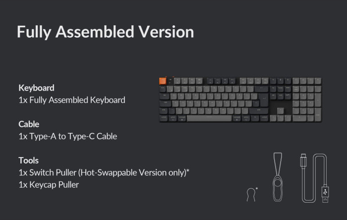 Eine voll montierte Tastatur mit grauen Tasten, einer orangefarbenen Escape-Taste und Werkzeugen: einem Schalterabzieher und einem Tastenkappenabzieher. Ein Type-A-zu-C-Kabel ist ebenfalls vorhanden.