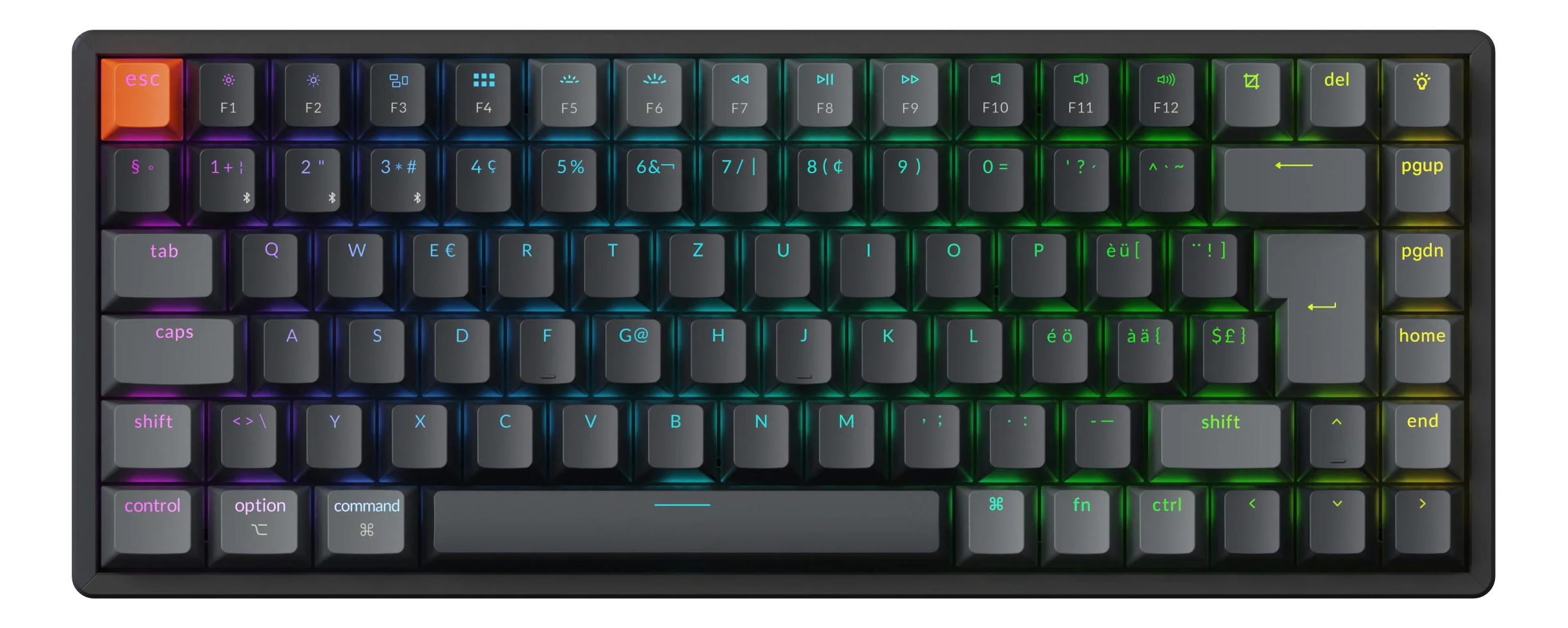 Eine schwarze mechanische Tastatur mit Hintergrundbeleuchtung. Orangefarbene Escape-Taste, Tasten mit verschiedenen Symbolen.