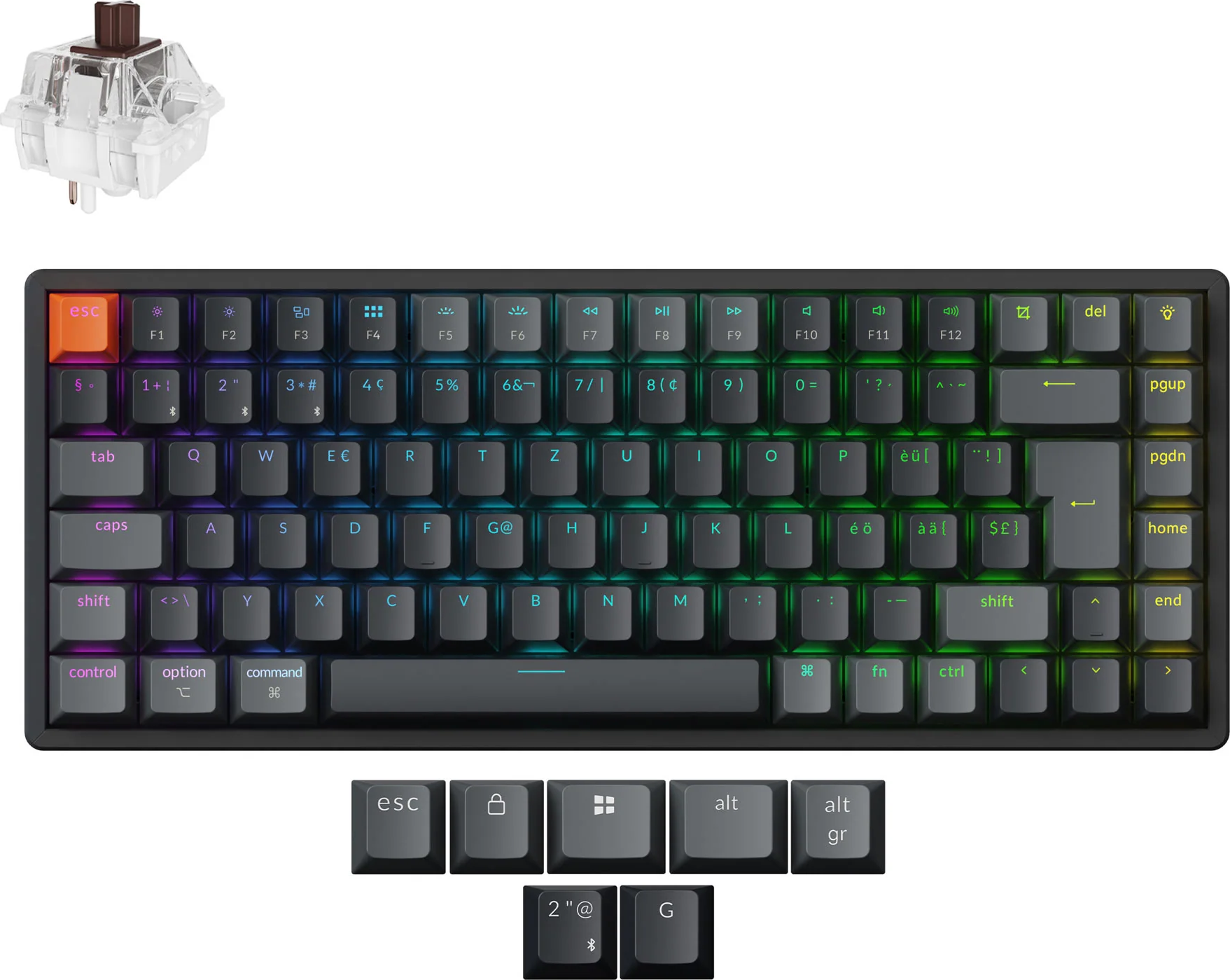 Eine schwarze mechanische Tastatur mit farbenfrohen, hinterleuchteten Tasten. Ein einzelner Schalter befindet sich oberhalb der Tastatur.