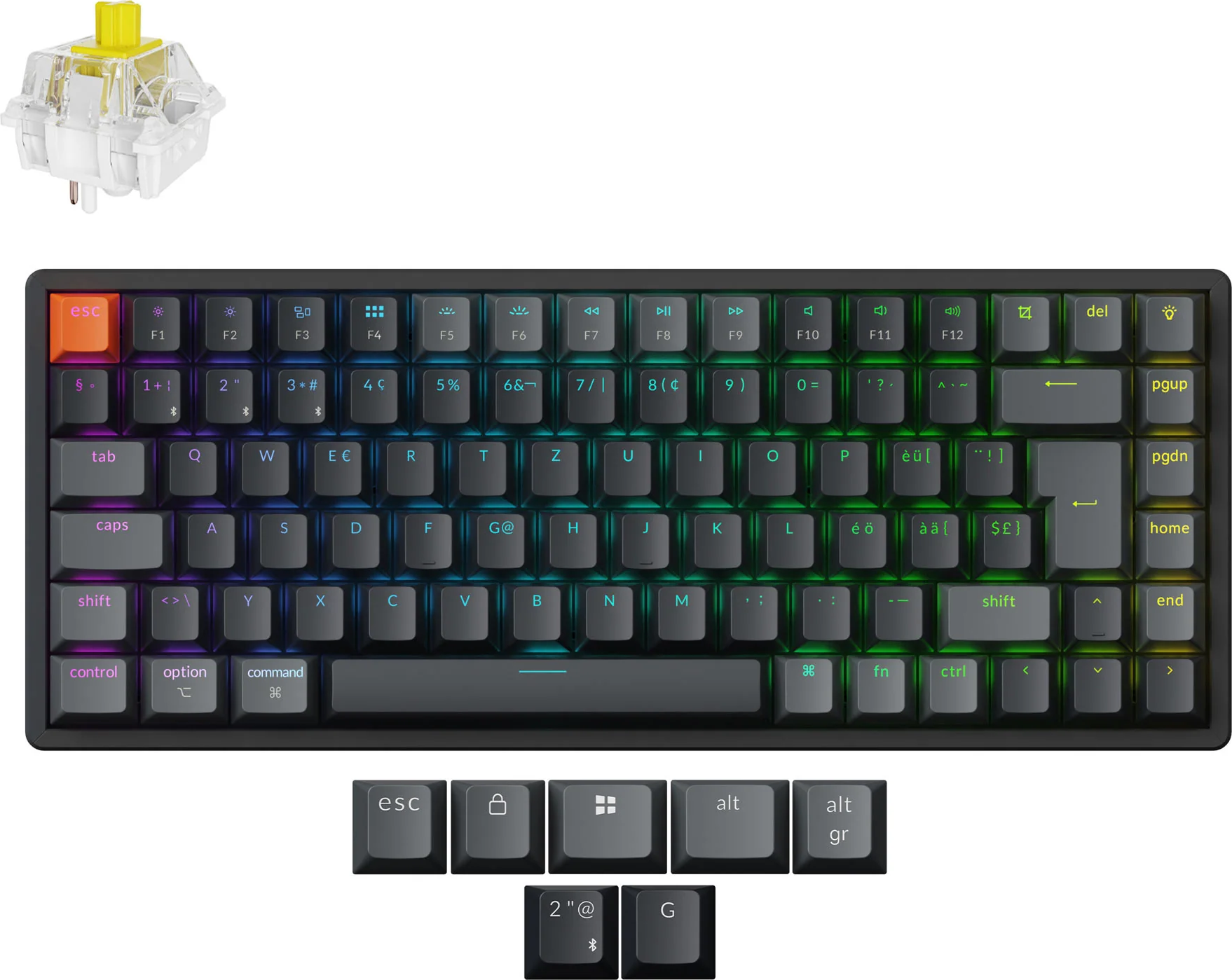 Eine schwarze mechanische Tastatur mit beleuchteten Tasten. Ein Schalter wird oben gezeigt. Zusätzliche Tasten befinden sich unter der Tastatur.