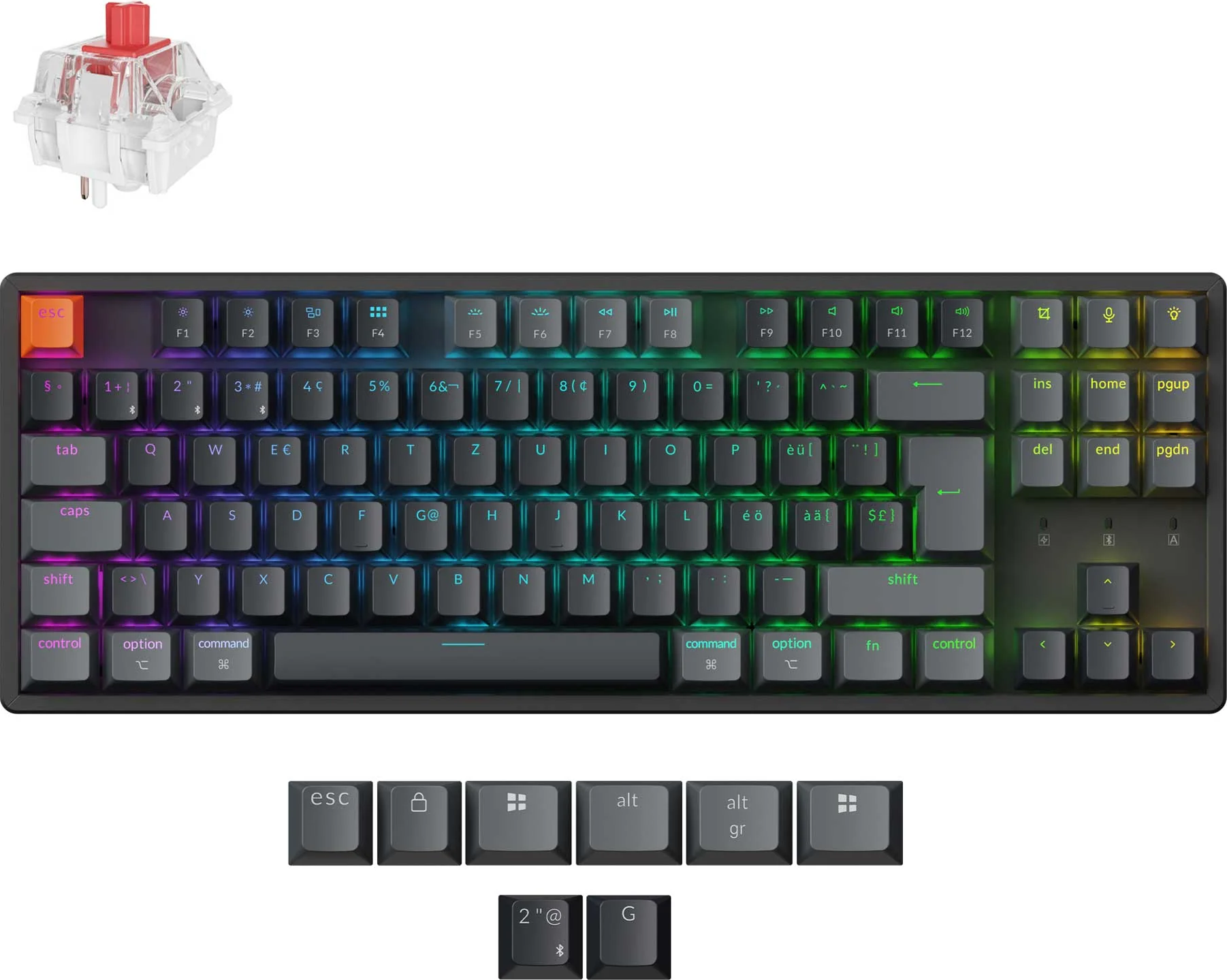 Mechanische Tastatur mit rotem Schalter und Tastenkappen. Enthält Funktionstasten, Buchstaben und Symbole. Zusätzliche Tasten unten.
