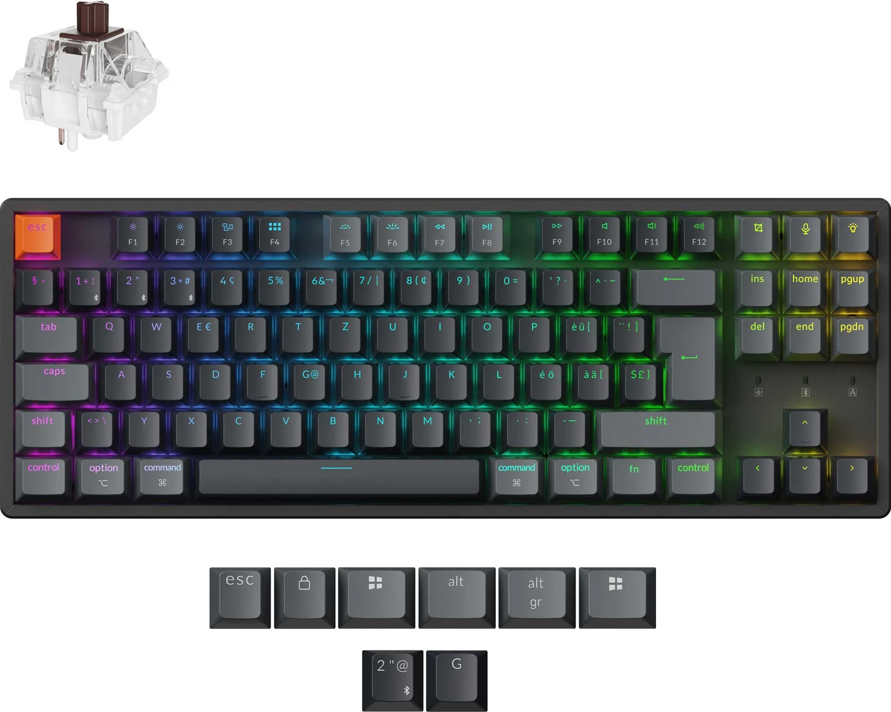 Eine schwarze Tastatur mit farbigen Tasten, einem braunen Schalter und zusätzlichen Tastenkappen darunter. Die Esc-Taste ist orange.