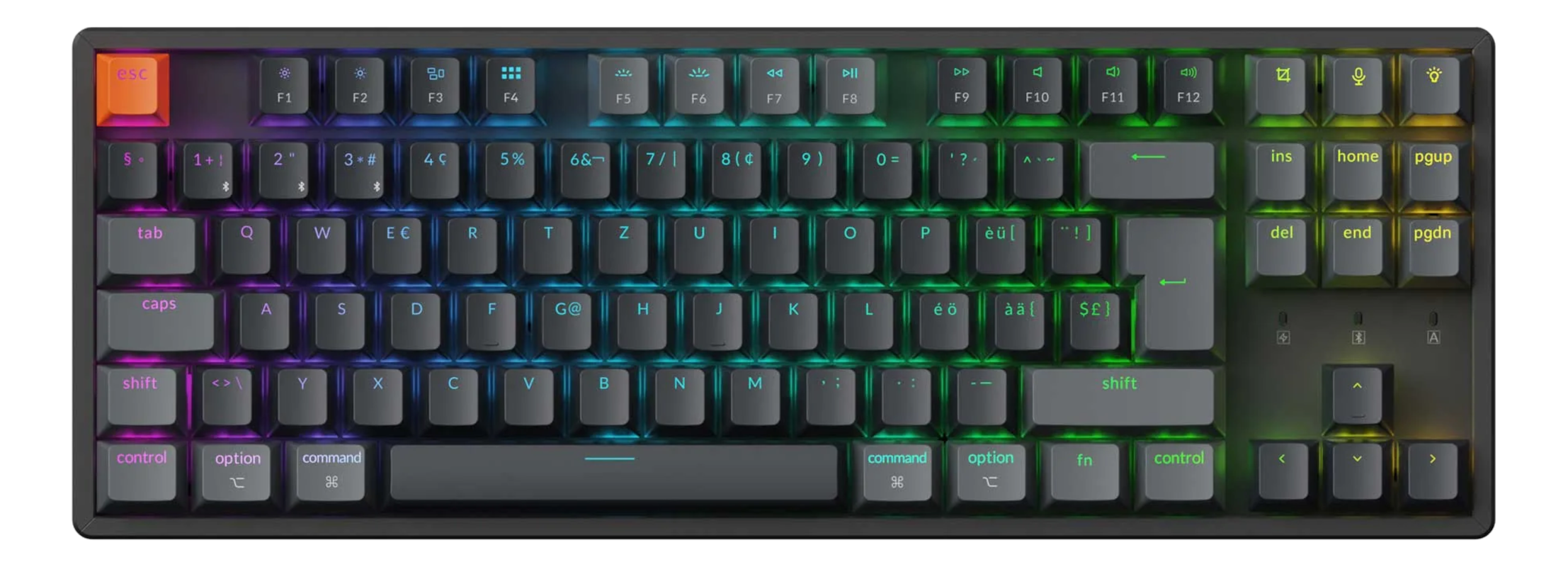 Eine schwarze mechanische Tastatur mit Hintergrundbeleuchtung. Eine orangefarbene Escape-Taste ist auffällig. Verschiedene Symbole und Buchstaben.