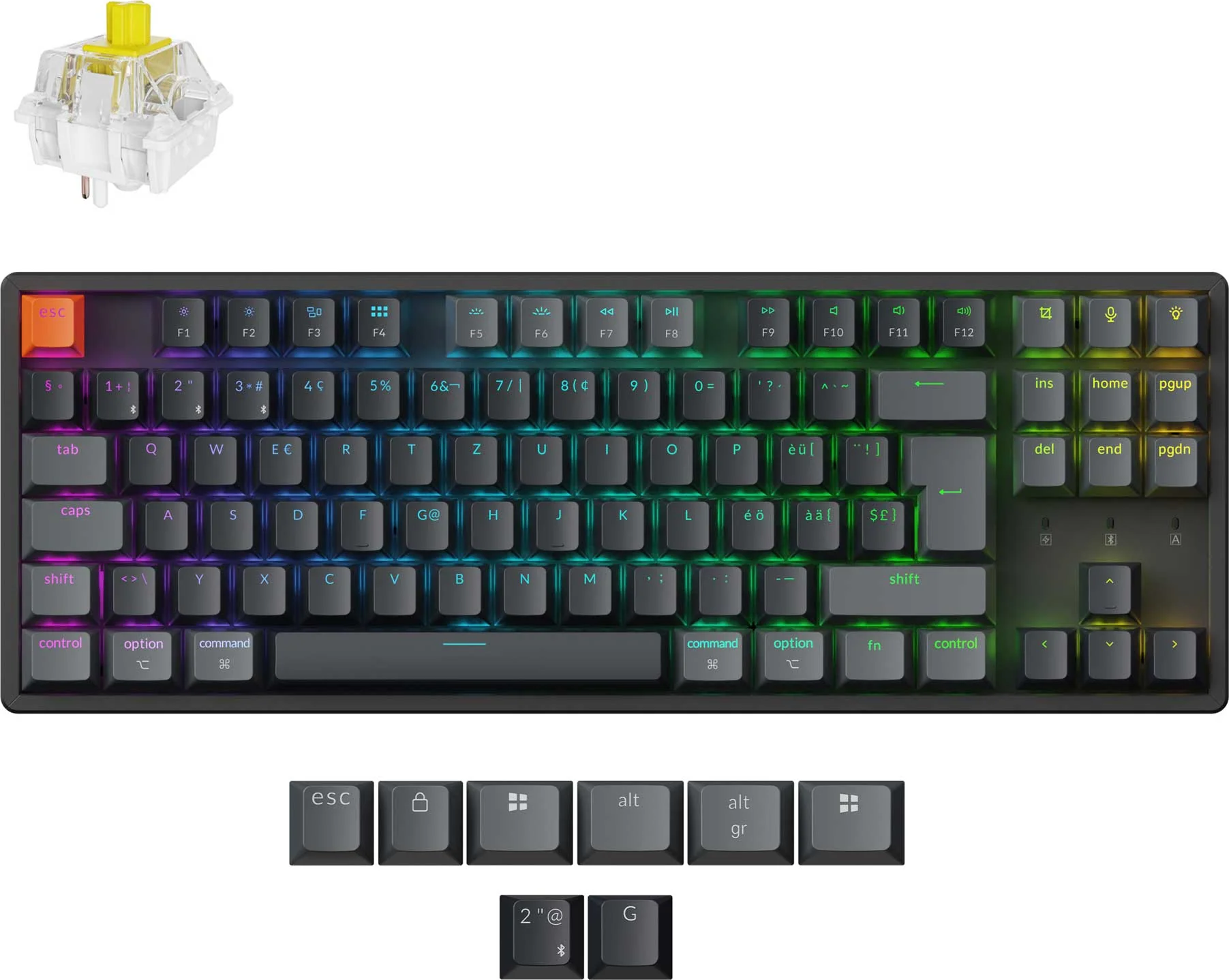 Mechanische Tastatur mit Tastenkappen, orangefarbener Escape-Taste, gelbem Schalter und dunkelgrauem Rahmen. Tasten sind beschriftet.