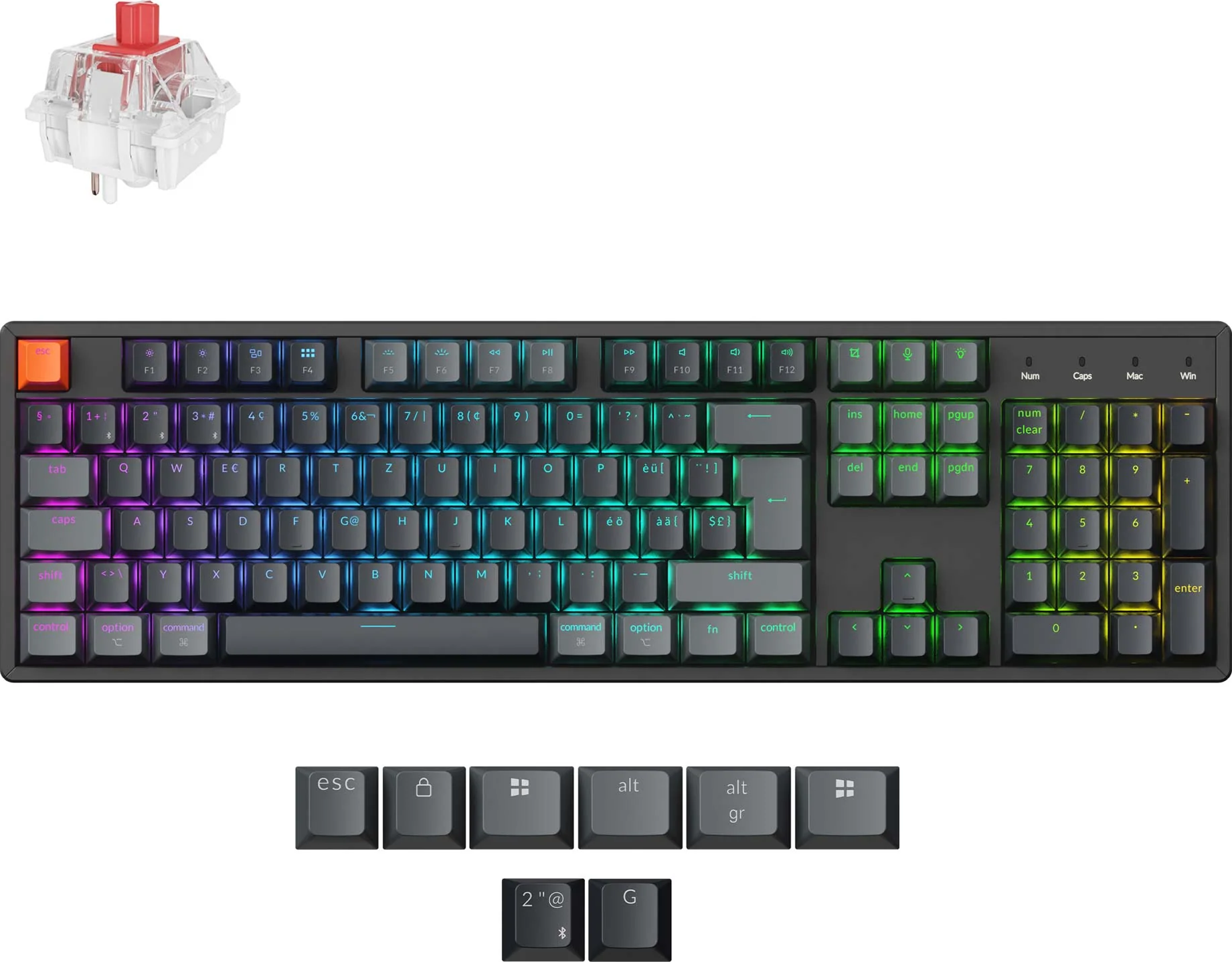 Eine mechanische Tastatur mit RGB-Beleuchtung und einem roten Schalter. Einzelne Tasten leuchten in verschiedenen Farben.