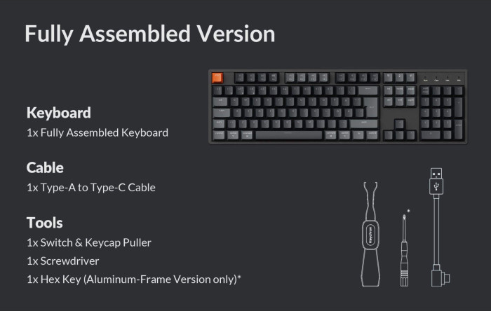 Eine schwarze Tastatur mit orangefarbener Escape-Taste. Kabel und Werkzeuge sind unten. Text: Komplett montierte Version, Tastatur, Kabel, Werkzeuge.