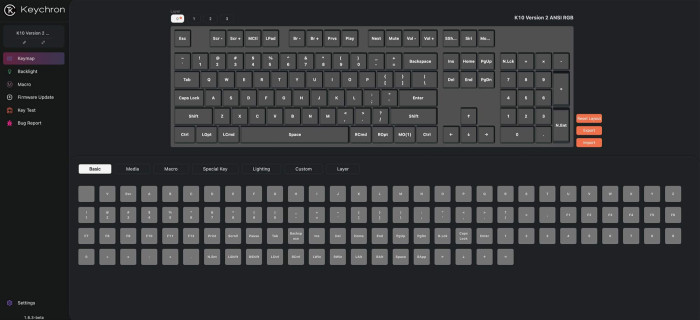 Eine Tastatur-Anpassungsoberfläche. Oben wird ein Tastaturlayout angezeigt. Unten befinden sich Tasten zur Anpassung. Schaltflächen links.