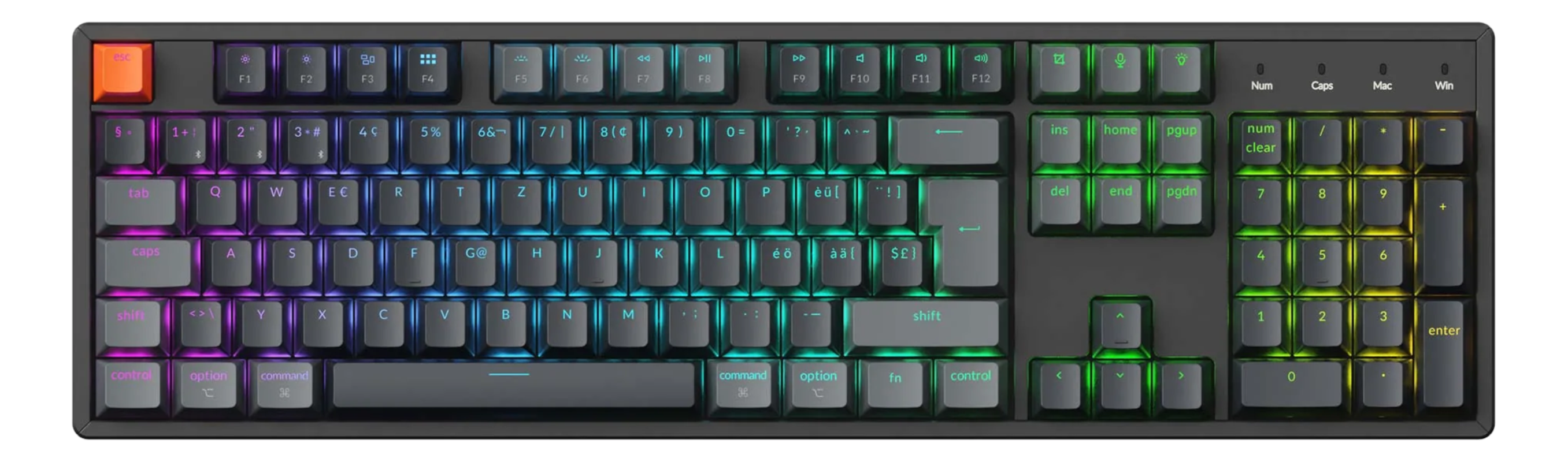 Eine schwarze Tastatur mit Hintergrundbeleuchtung. Orange Escape-Taste, graue Tasten und Regenbogenbeleuchtung.