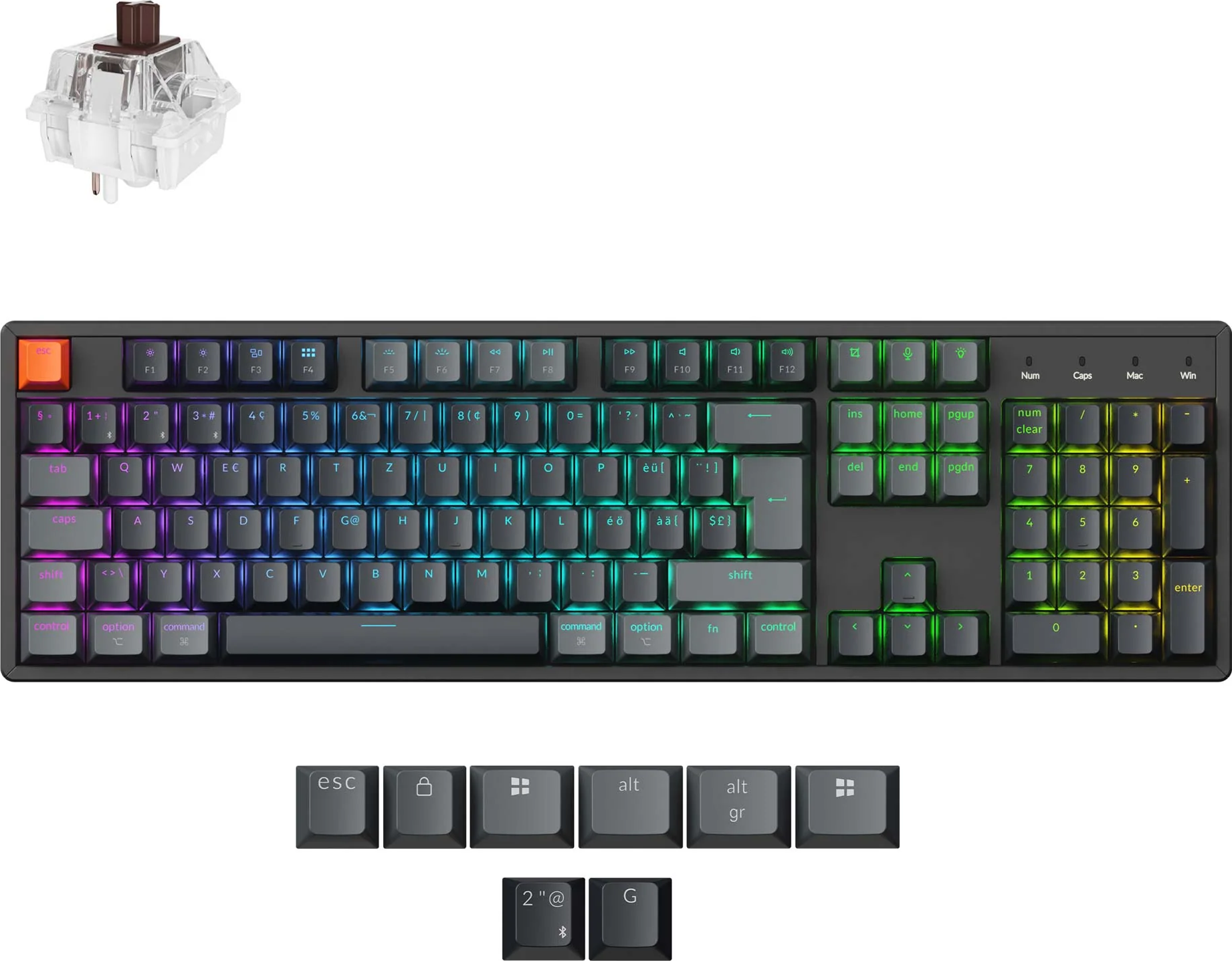 Eine mechanische Tastatur mit einem Schalter und zusätzlichen Tastenkappen. Die Tastatur hat mehrfarbige Tasten und einen dunkelgrauen Rahmen.