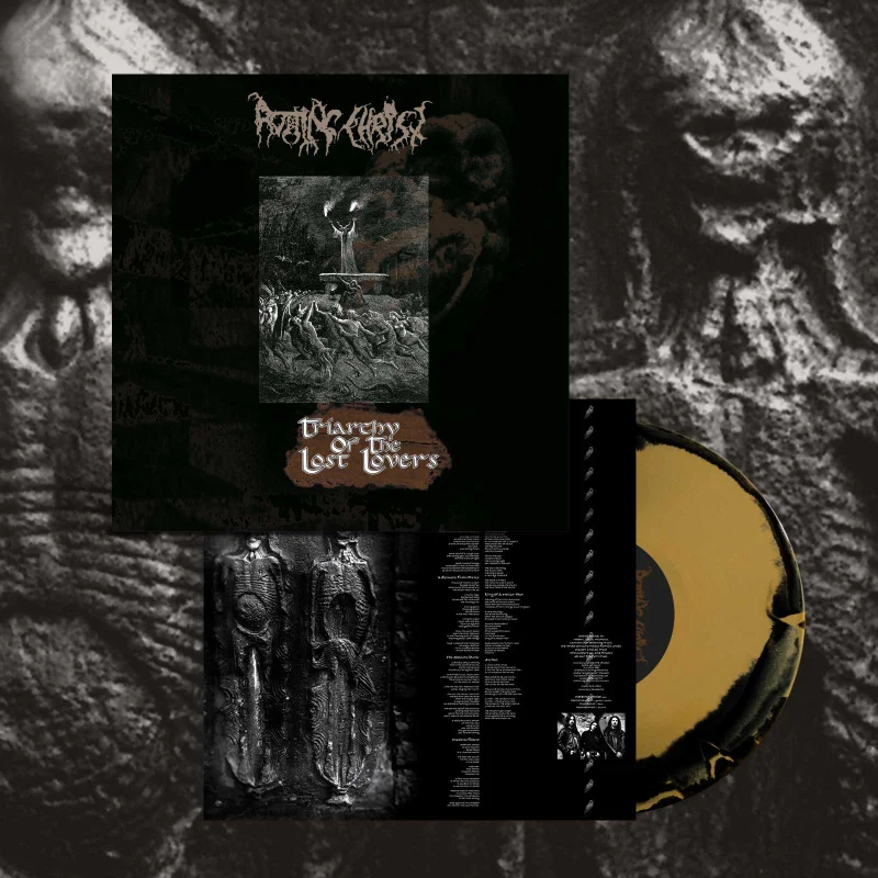A 'Triarchy of the Lost Lovers' album borítója. Fekete-arany bakelitlemez látható, sötét, gótikus képekkel és szöveggel.