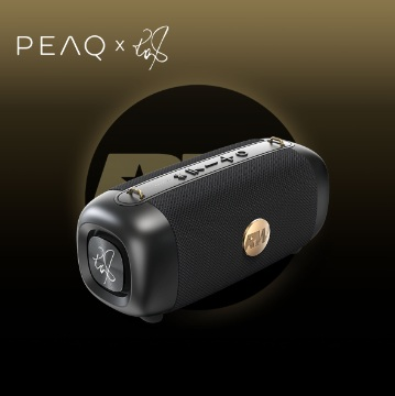 Czarny głośnik ze złotymi akcentami i podpisem RW. Głośnik znajduje się na gradientowym czarno-złotym tle.