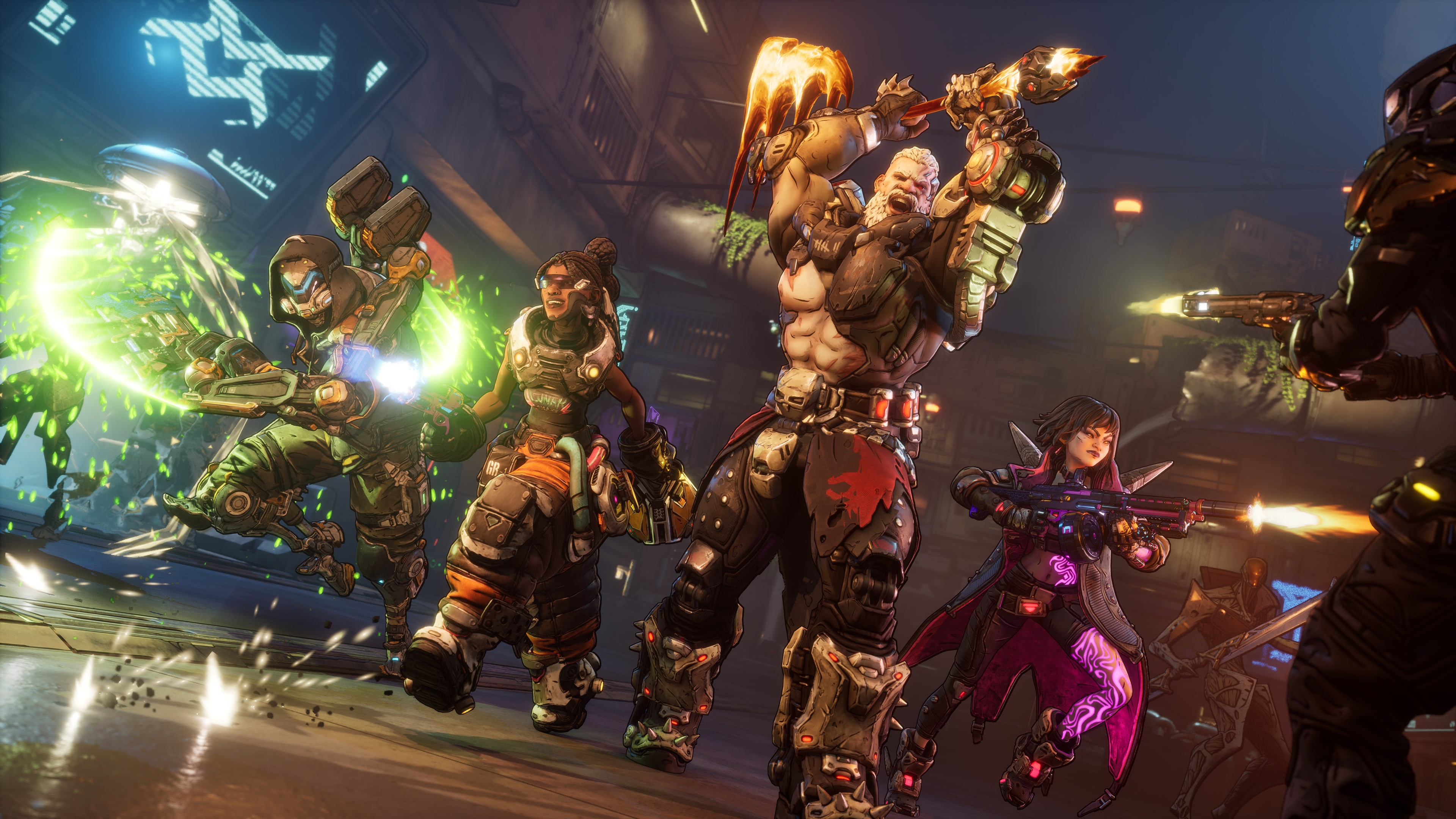 Un groupe de personnages de Borderlands 3 se bat. L'un manie une hache enflammée, d'autres tirent avec des armes, avec des explosions et des néons.