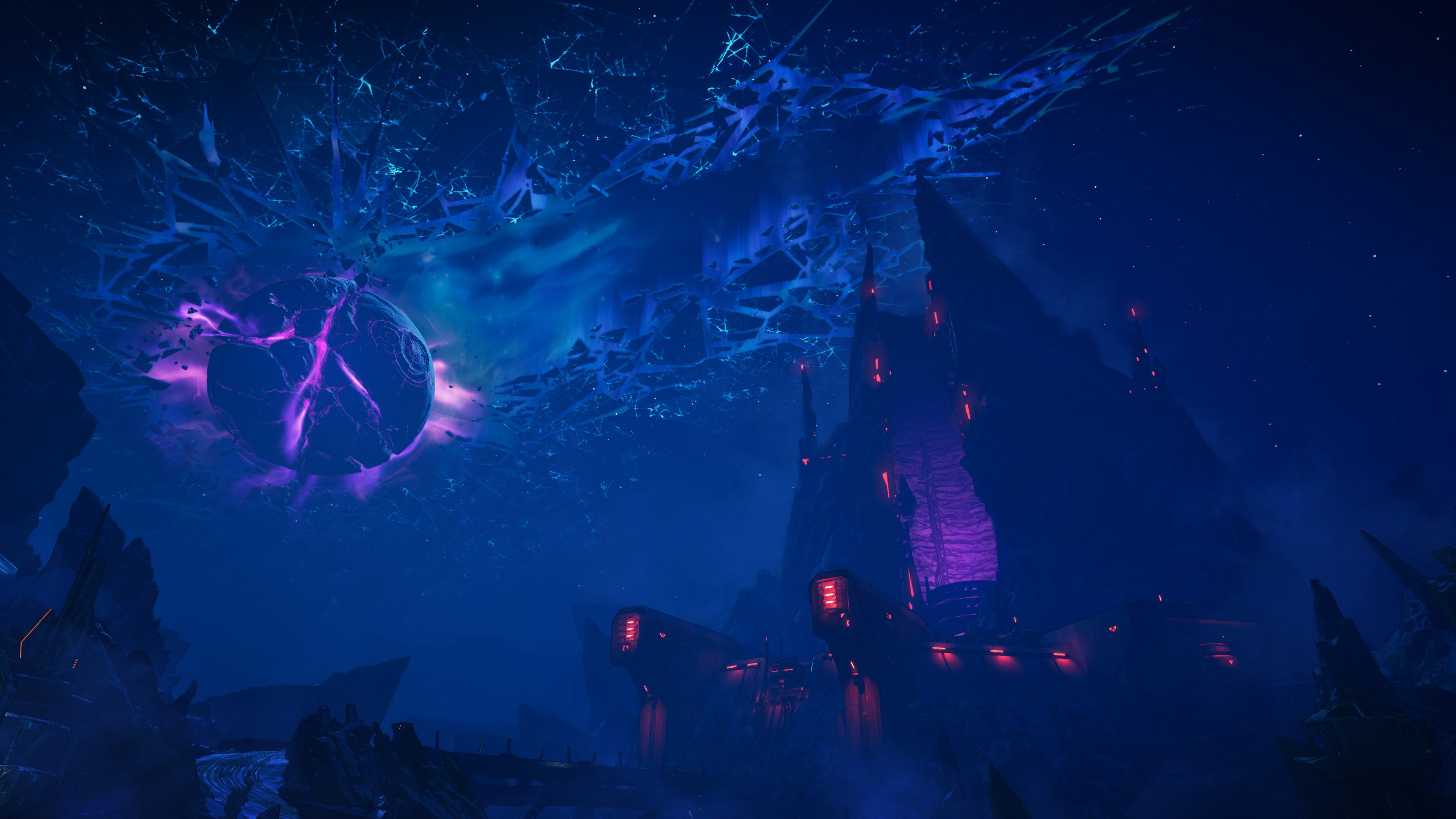 Une ville futuriste la nuit avec une sphère d'énergie violette et un ciel fracturé. Des lumières rouges illuminent les structures.