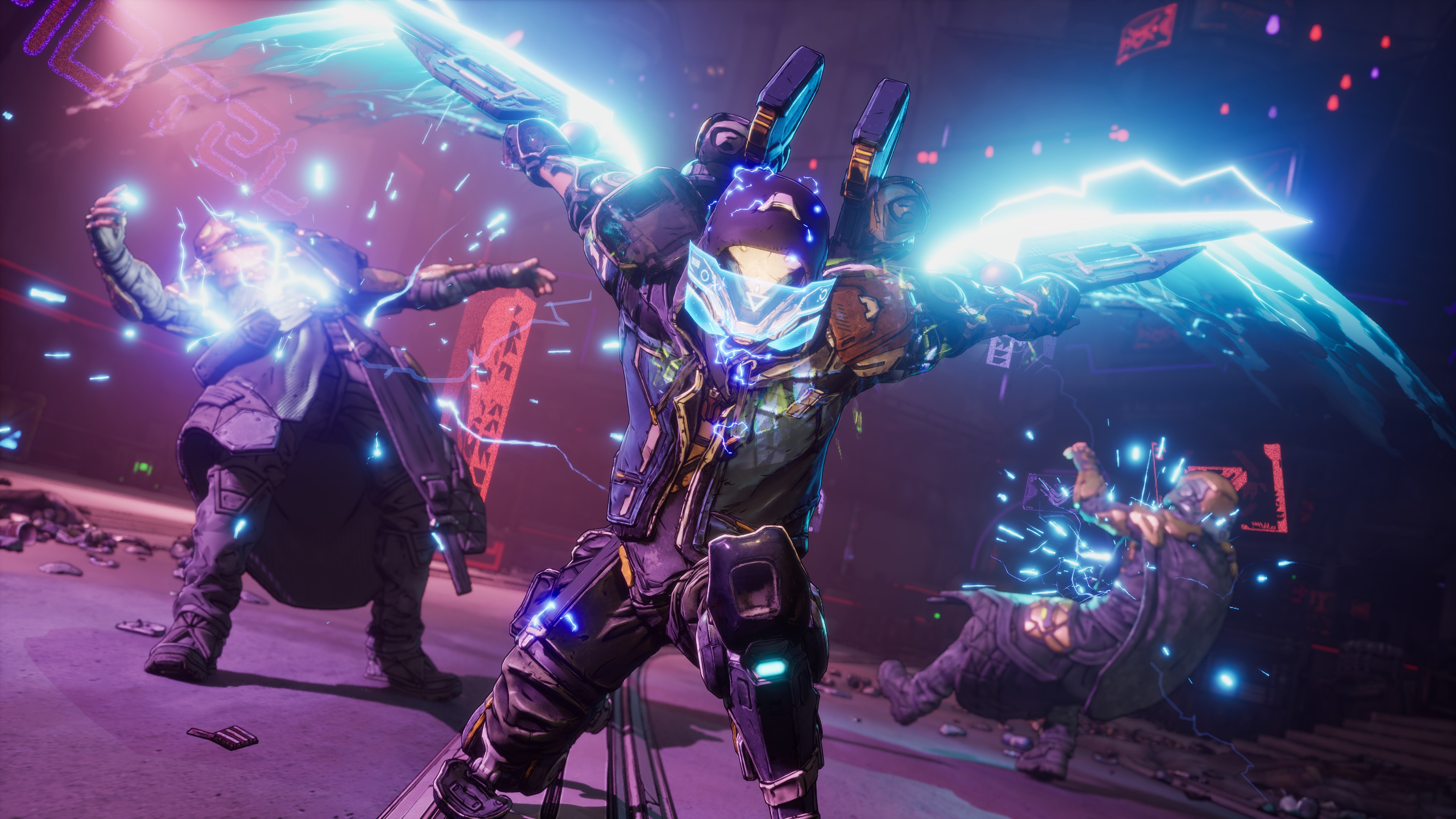 Trois personnages futuristes se battent avec des armes énergétiques. Des arcs et des éclairs d'énergie bleu vif sont visibles. La scène se déroule dans une zone éclairée en violet.