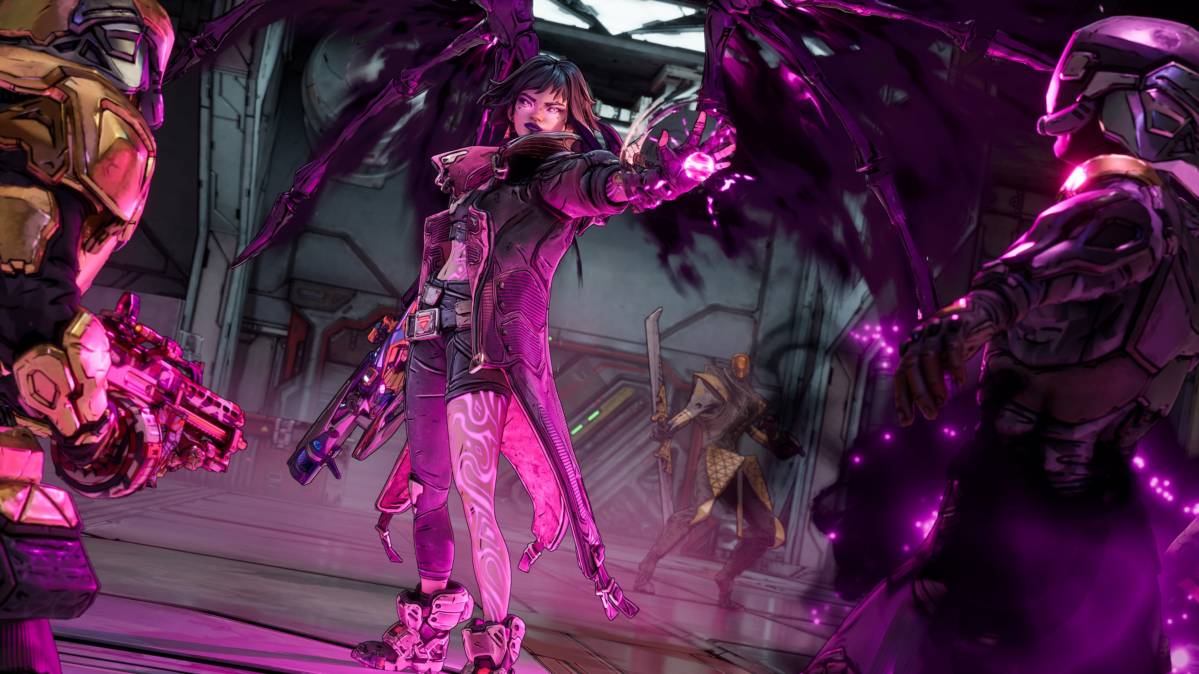 Un personnage féminin avec des ailes sombres lance un sort. D'autres personnages avec des armes l'entourent dans un cadre futuriste.