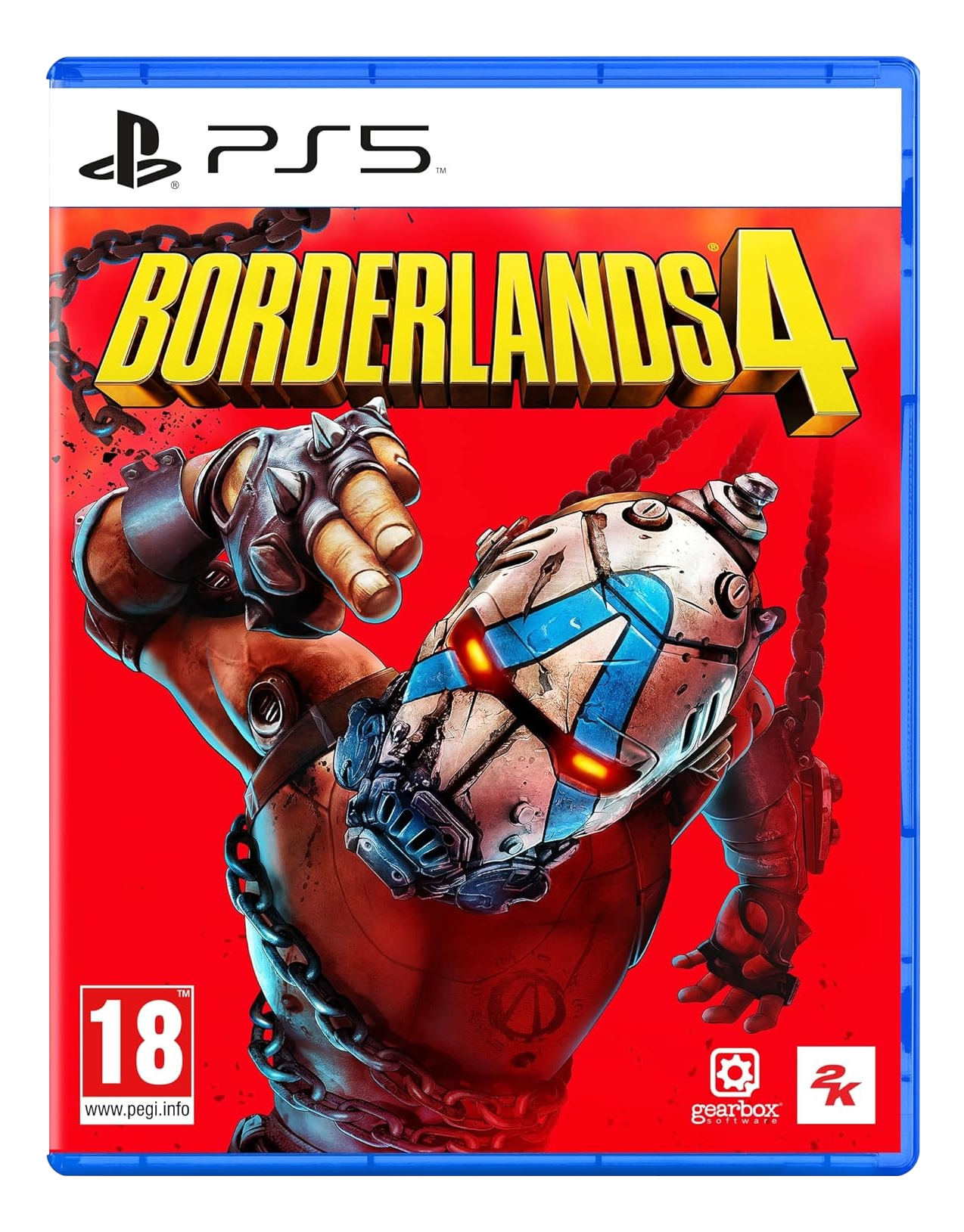 Couverture du jeu Borderlands 4 PS5. Une figurine robotique avec un casque bleu et blanc et un bras musclé est présentée.