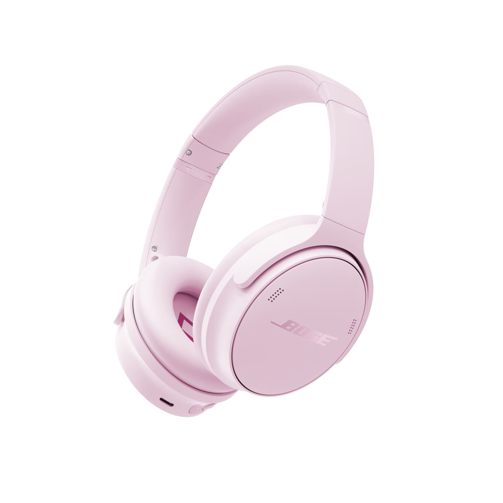 Różowe słuchawki Bose na czarnym tle. Słuchawki są nauszne z logo Bose na nauszniku.