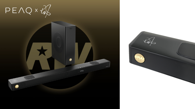 Obraz przedstawia czarny soundbar, subwoofer i zbliżenie soundbaru. Podpis na soundbarze. Tło jest złote i czarne.