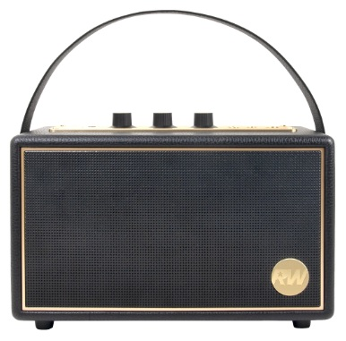 Czarny głośnik retro ze złotym wykończeniem, trzema pokrętłami i uchwytem. Głośnik ma siatkowy przód i złote logo po prawej stronie.