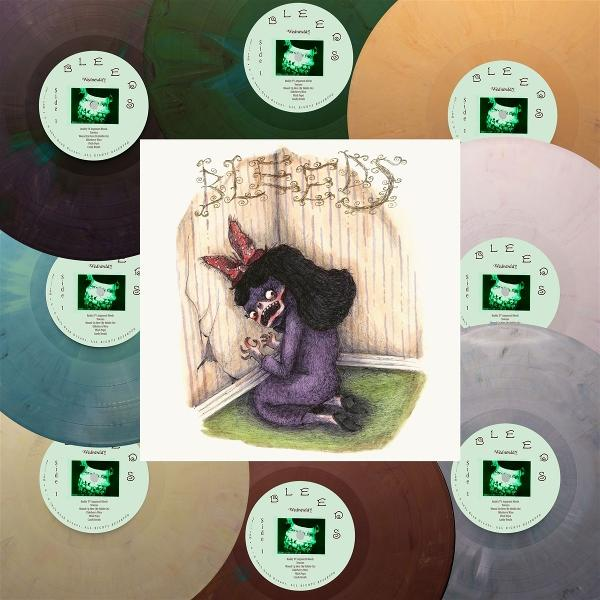 Albumcover mit einem Geschöpf, umgeben von Schallplatten. Das Geschöpf ist lila mit einer Schleife, vor einer rissigen Wand.