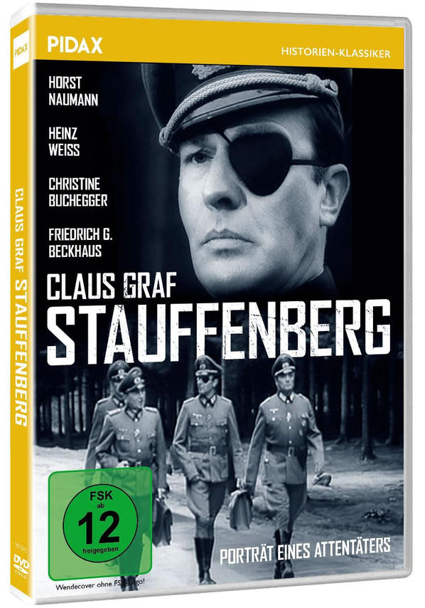 DVD-Cover für 'Claus Graf Stauffenberg'. Es zeigt einen Mann mit Augenklappe und Soldaten. Text enthält Besetzung und FSK 12.