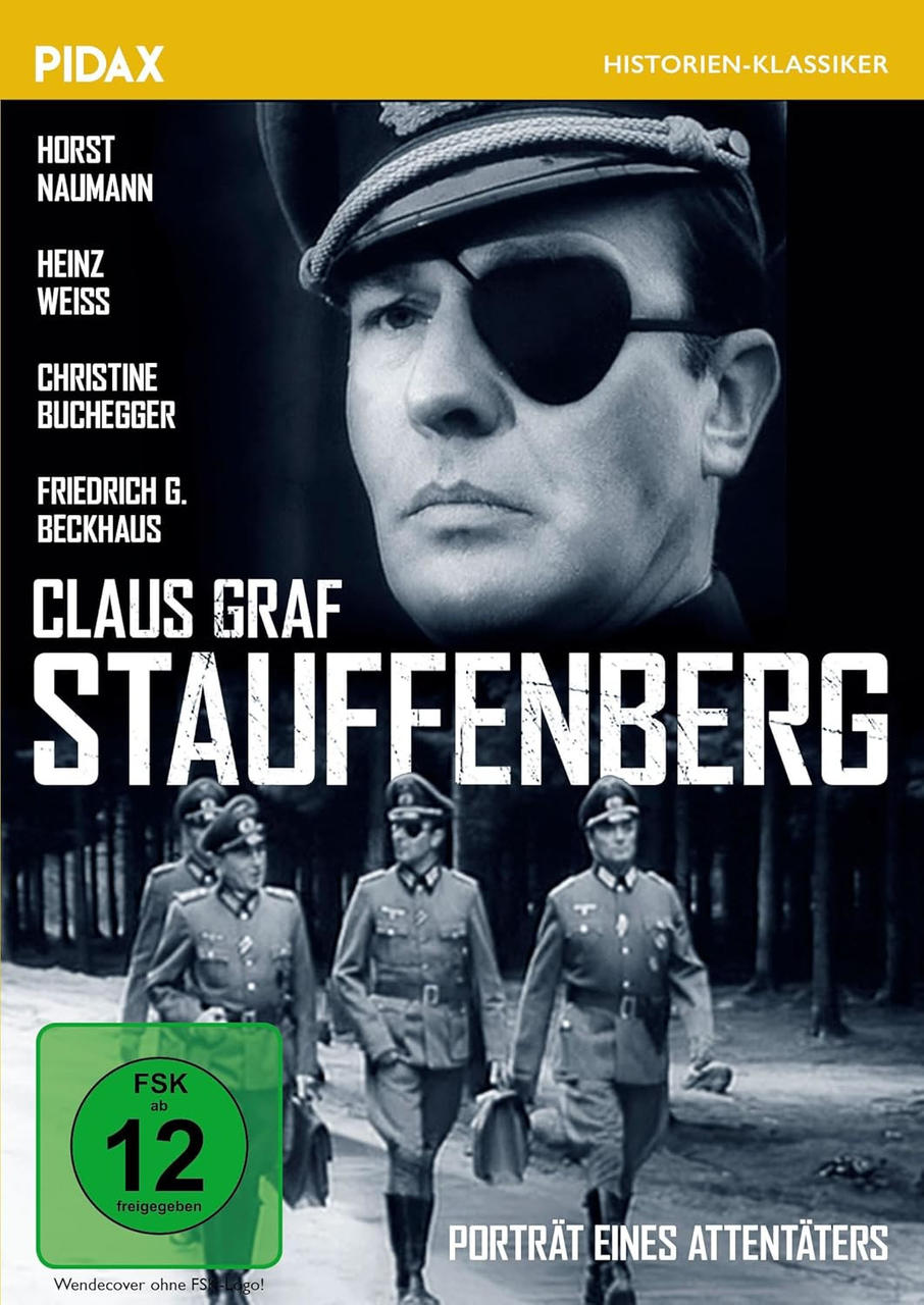 Filmplakat mit einem Mann in Uniform und Augenklappe, Titel ist Claus Graf Stauffenberg. Darunter sind Schauspieler und eine Bewertung.