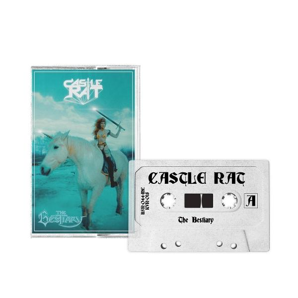 Eine Kassette mit Cover-Art einer Frau auf einem Einhorn, die ein Schwert hält. Auf der Kassette steht 'Castle Rat' und 'The Bestiary'.