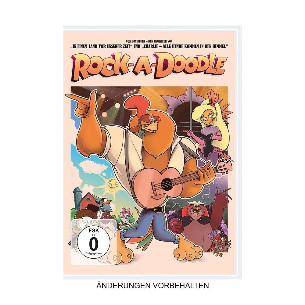 Cartoon-Hahn spielt Gitarre auf einer DVD-Hülle. Andere Cartoonfiguren sind vorhanden. Text sagt "Rock-A-Doodle".